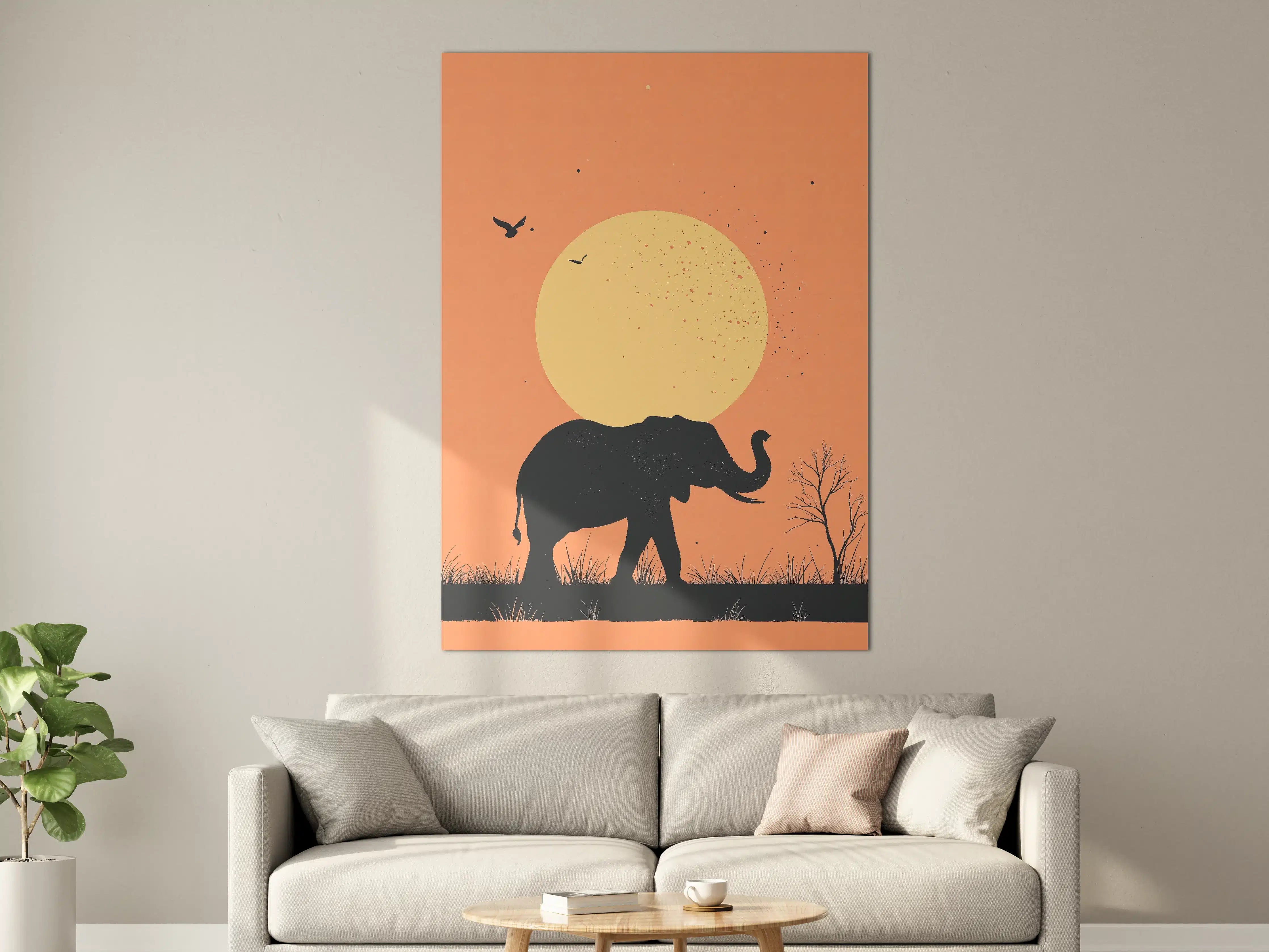 Große Wandbilder - Elefant vor Sonnenuntergang mit Vogelschwarm