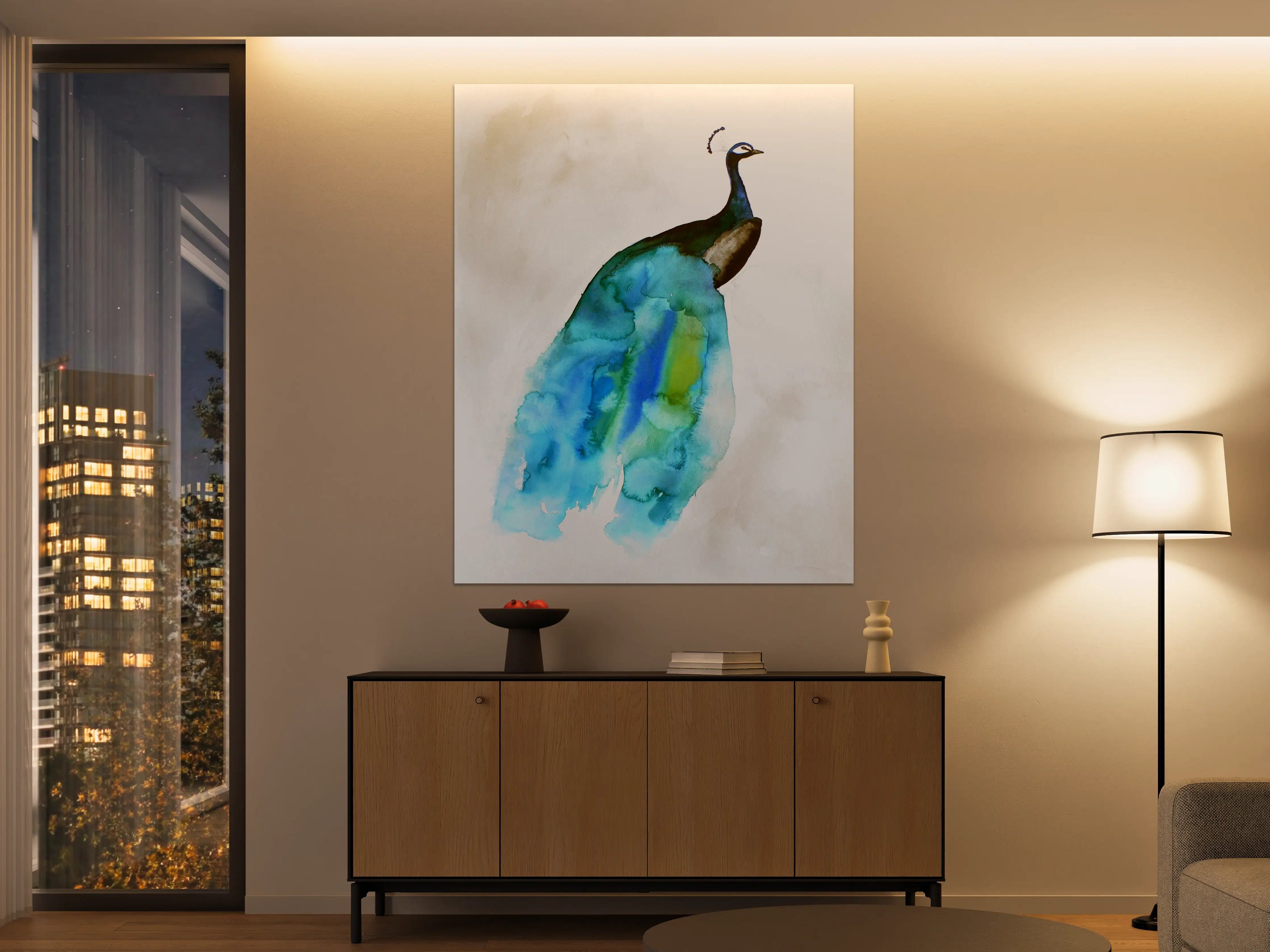 Große Wandbilder - Elegant bunter Pfau Wasserfarbkunst