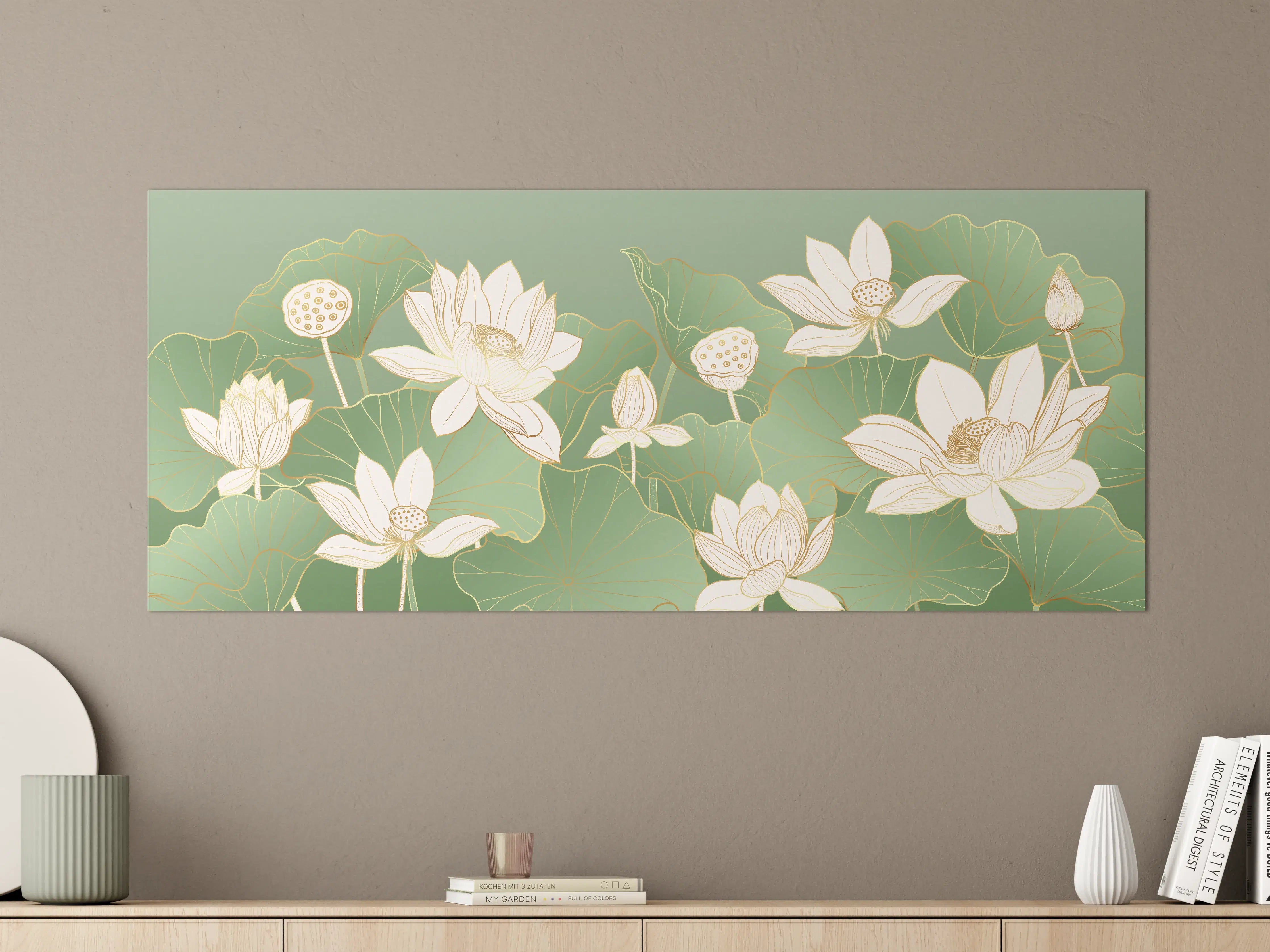 Große Wandbilder - Elegant weiße Lotusblumen mit grünen Blättern