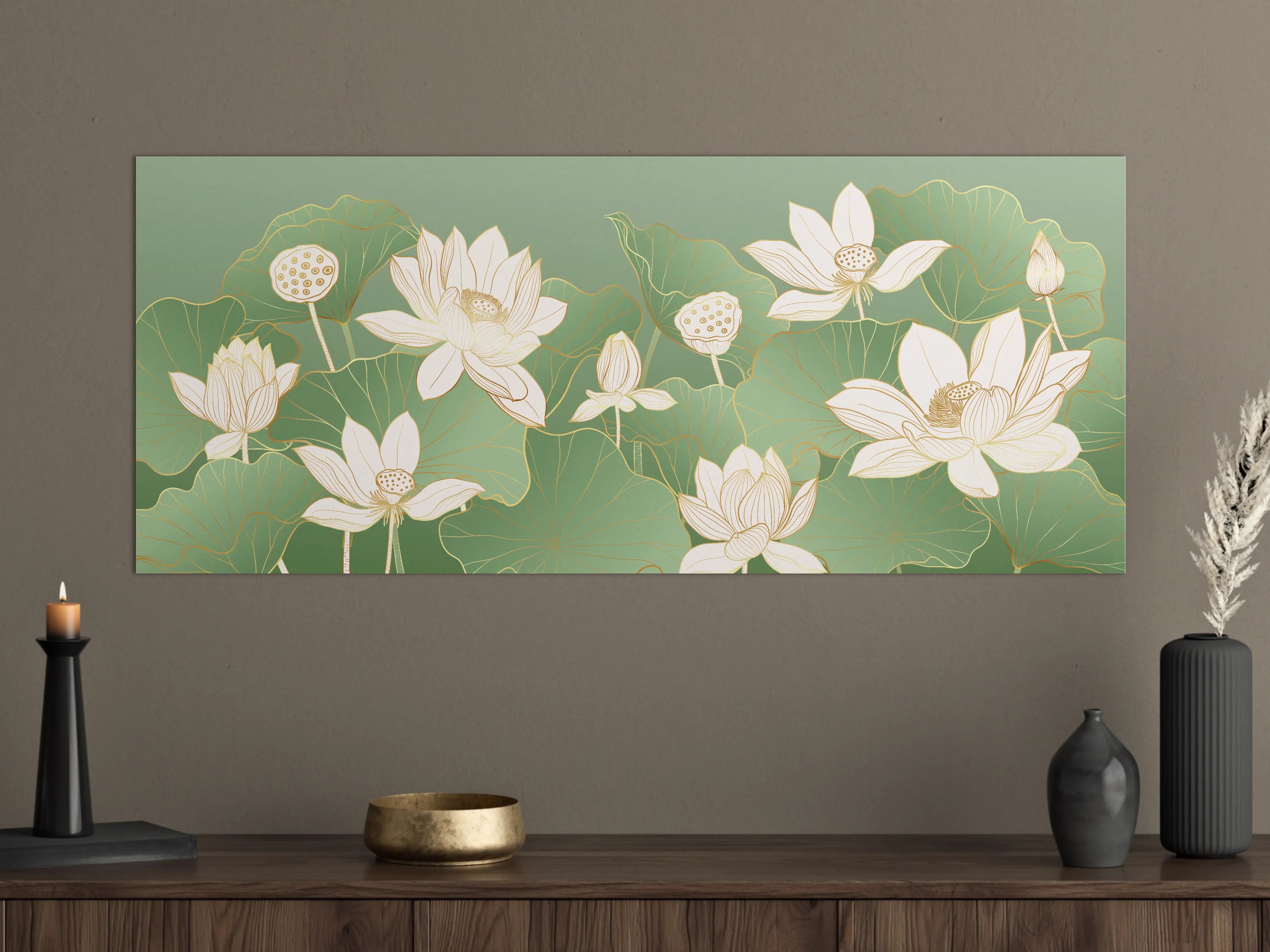 Große Wandbilder - Elegant weiße Lotusblumen mit grünen Blättern