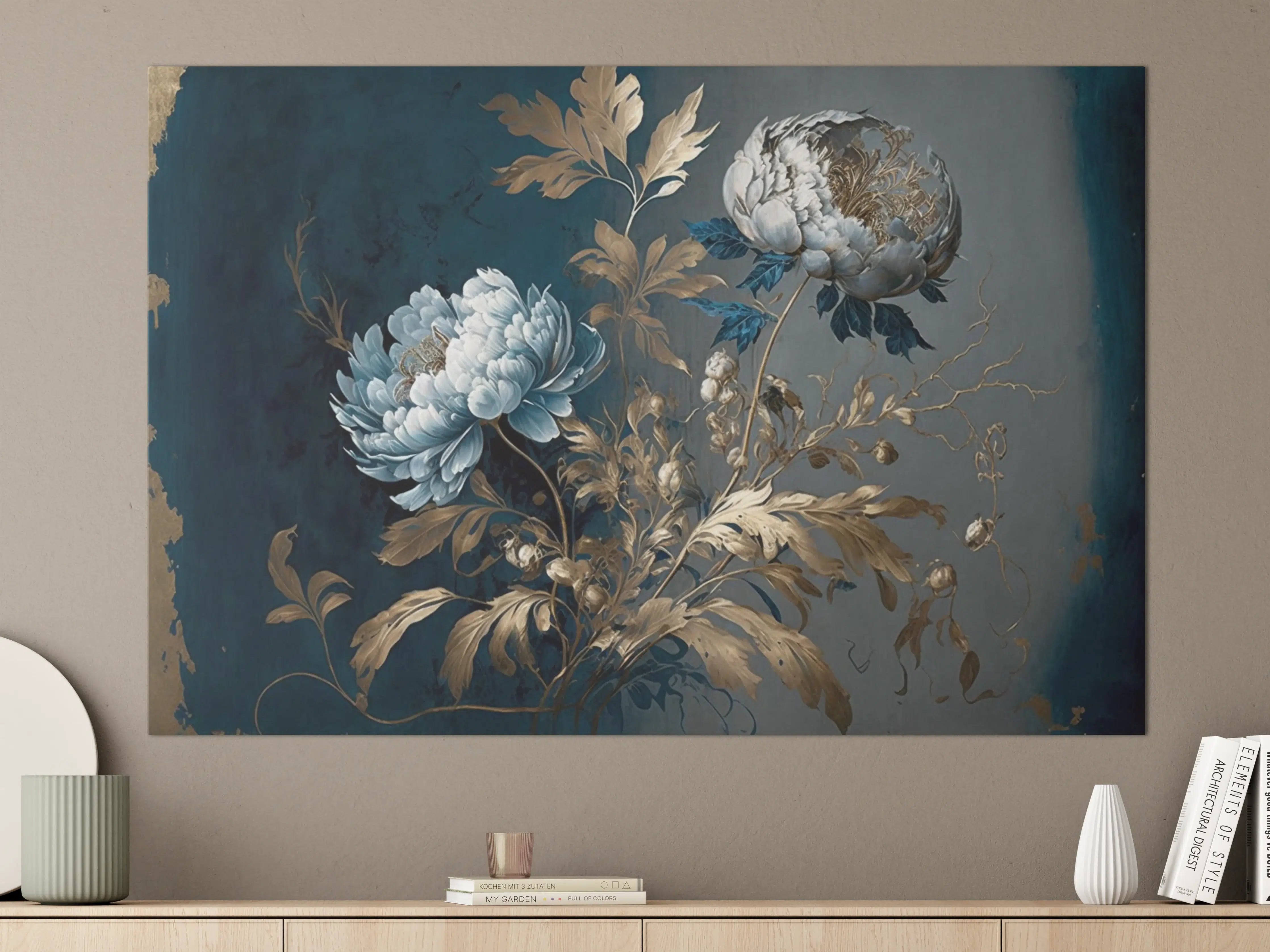 Große Wandbilder - Elegante Blaue Blumendekoration mit Goldakzenten