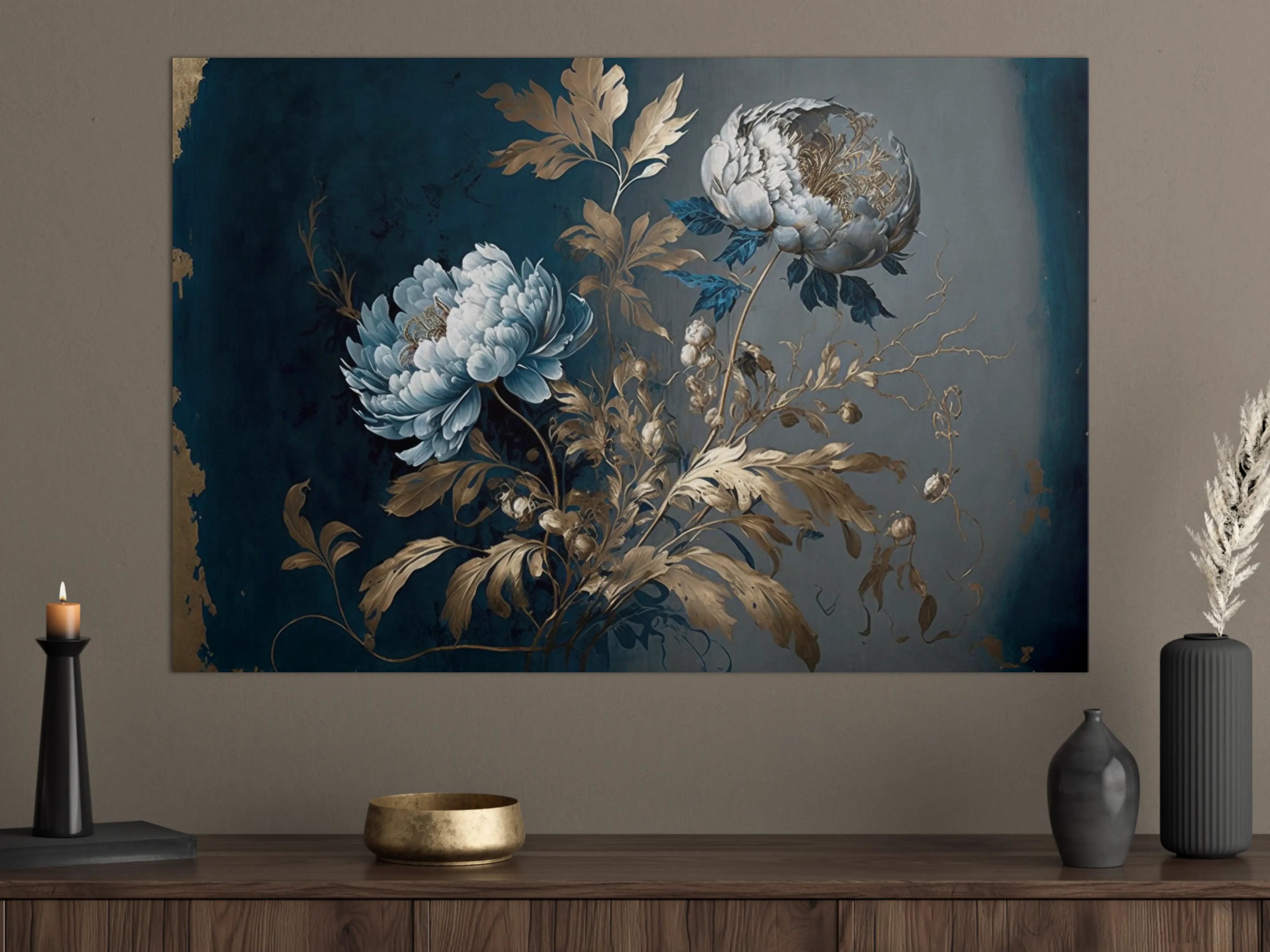 Große Wandbilder - Elegante Blaue Blumendekoration mit Goldakzenten