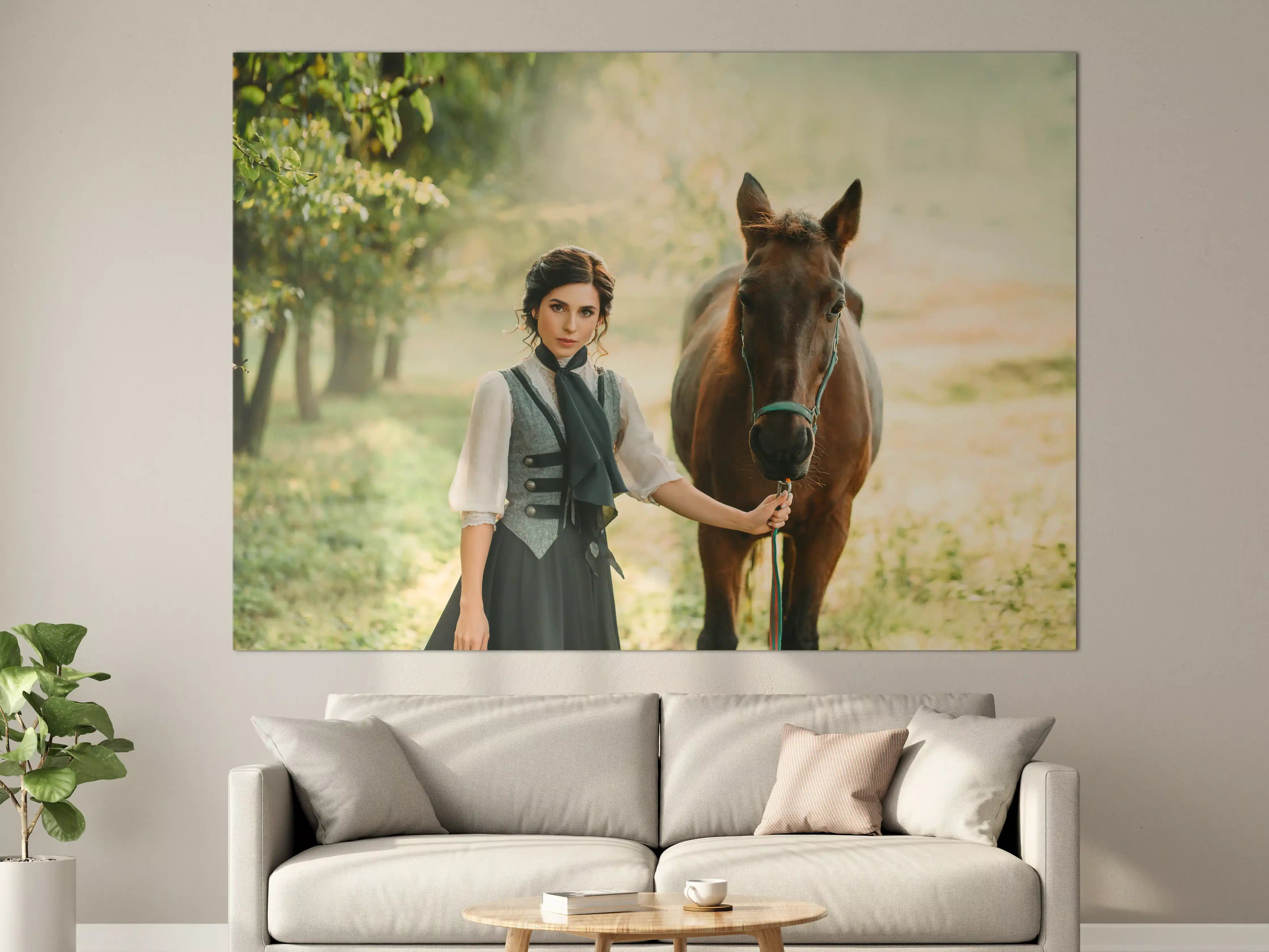 Große Wandbilder - Elegante Dame mit Pferd im Grünen