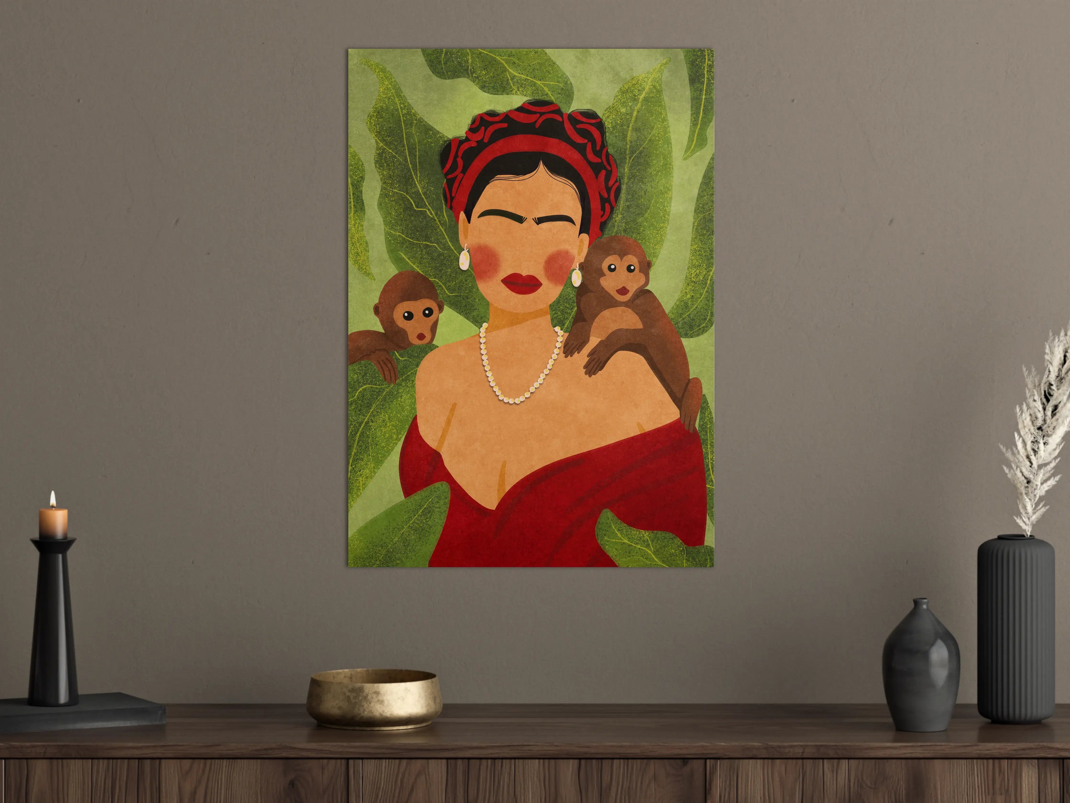 Große Wandbilder - Elegante Frau mit Affen und Blatt-Hintergrund