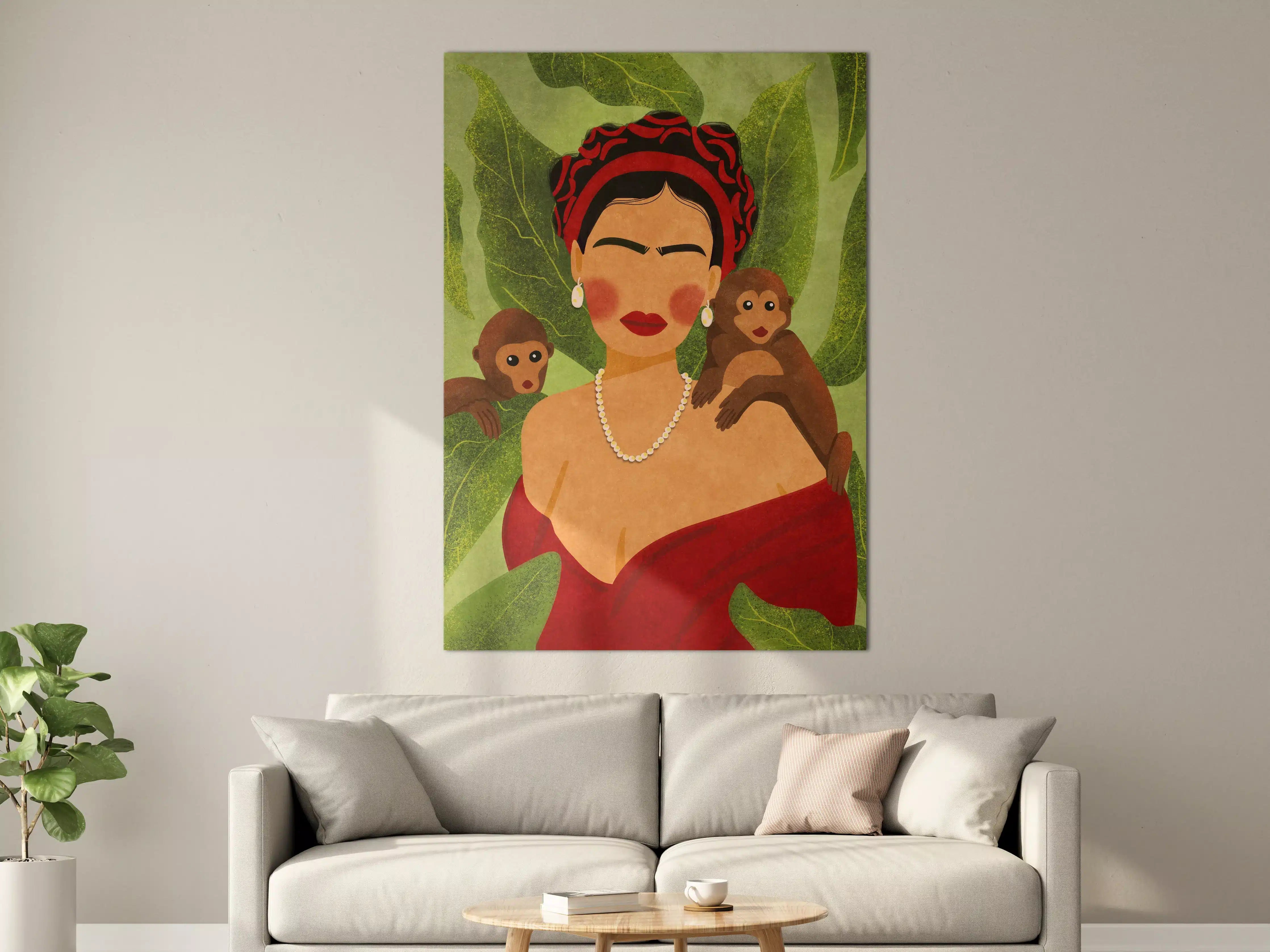 Große Wandbilder - Elegante Frau mit Affen und Blatt-Hintergrund