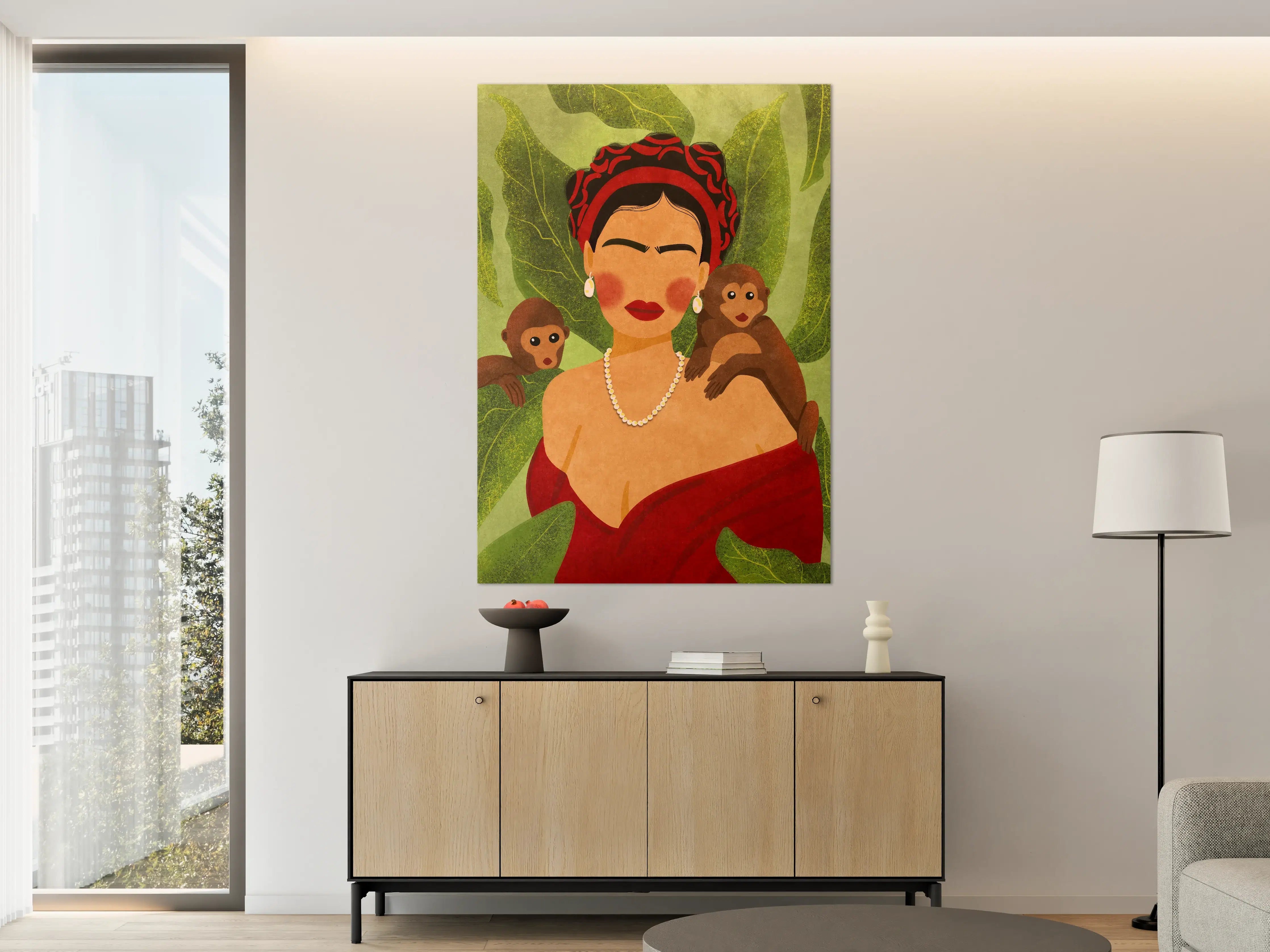 Große Wandbilder - Elegante Frau mit Affen und Blatt-Hintergrund