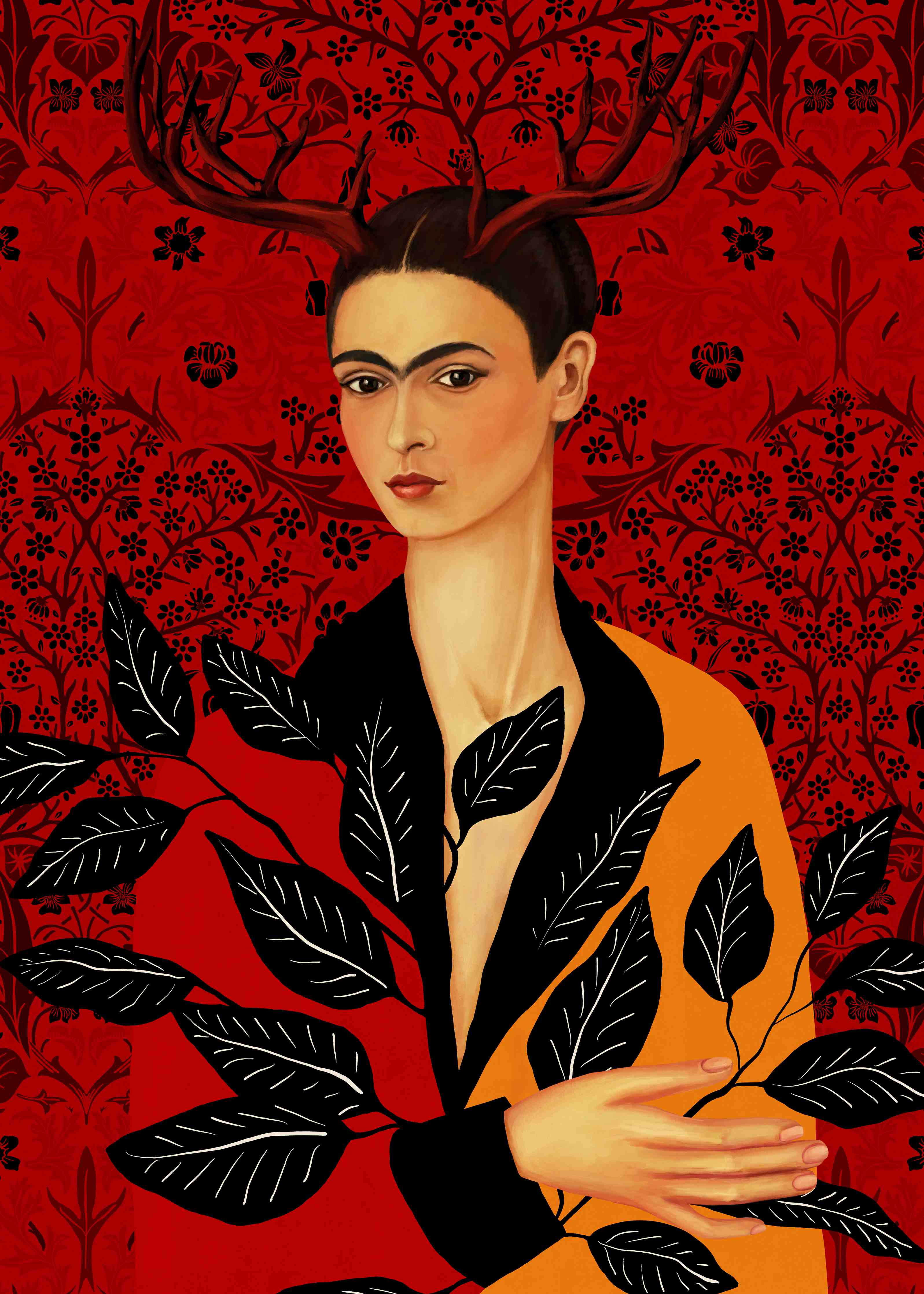 Große Wandbilder-Elegante Frau mit Hirschgeweih, rotes Hintergrundmuster