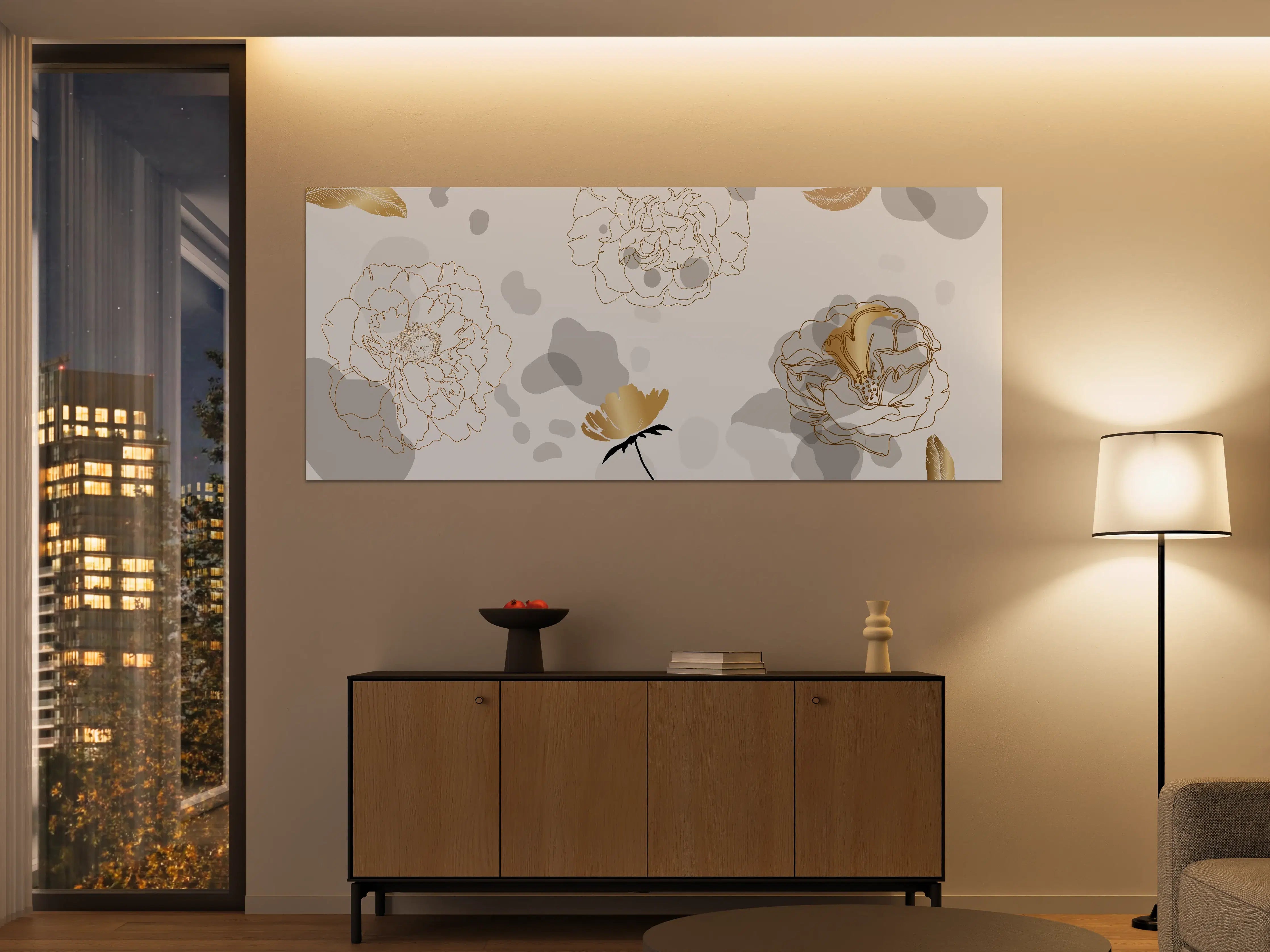 Große Wandbilder - Elegante Gold-Grau Floral Kunst