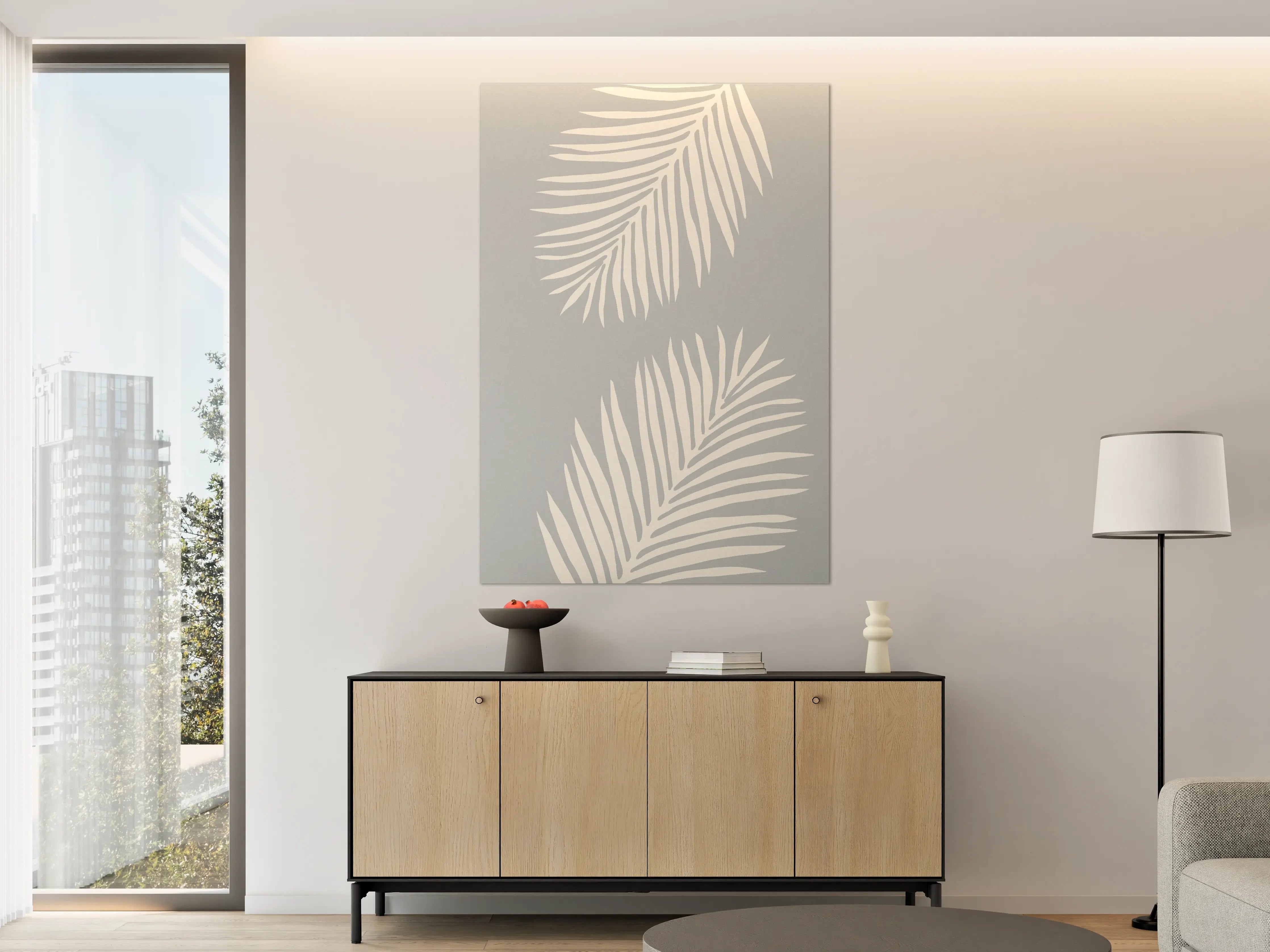 Große Wandbilder - Elegante Graue Palmblätter mit Weiß-Unistil