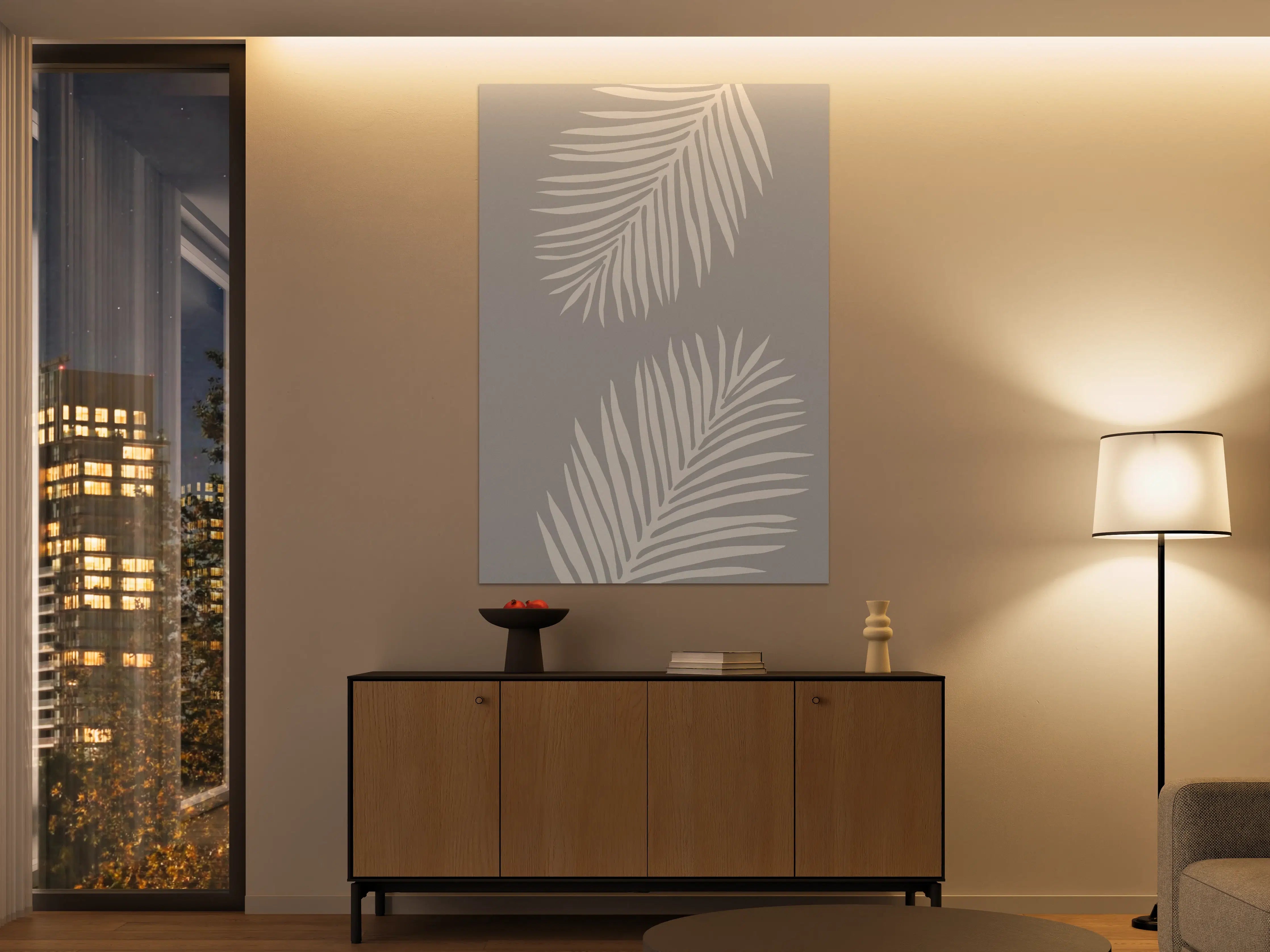 Große Wandbilder - Elegante Graue Palmblätter mit Weiß-Unistil