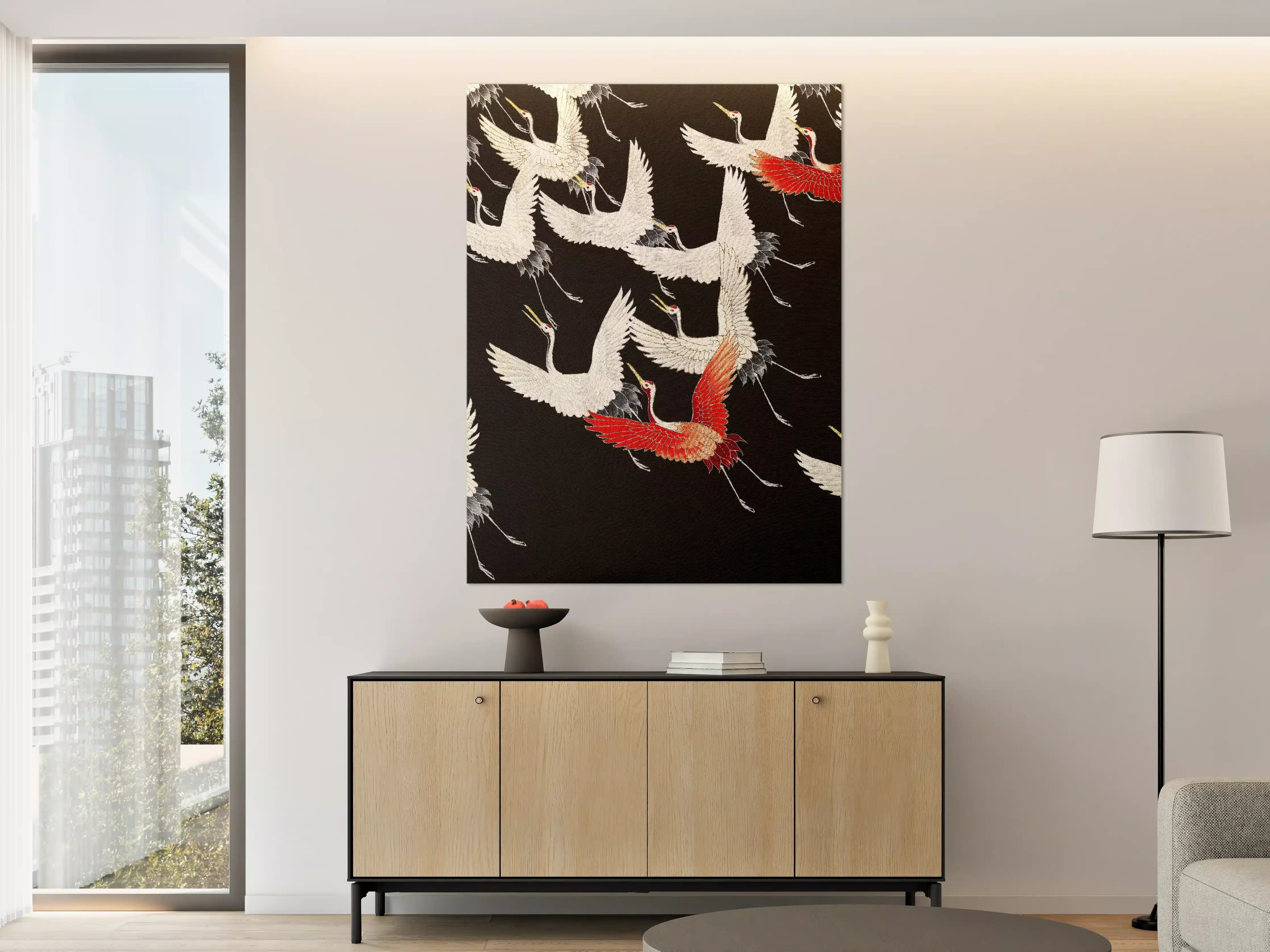 Große Wandbilder - Elegante Kraniche auf schwarzem Hintergrund
