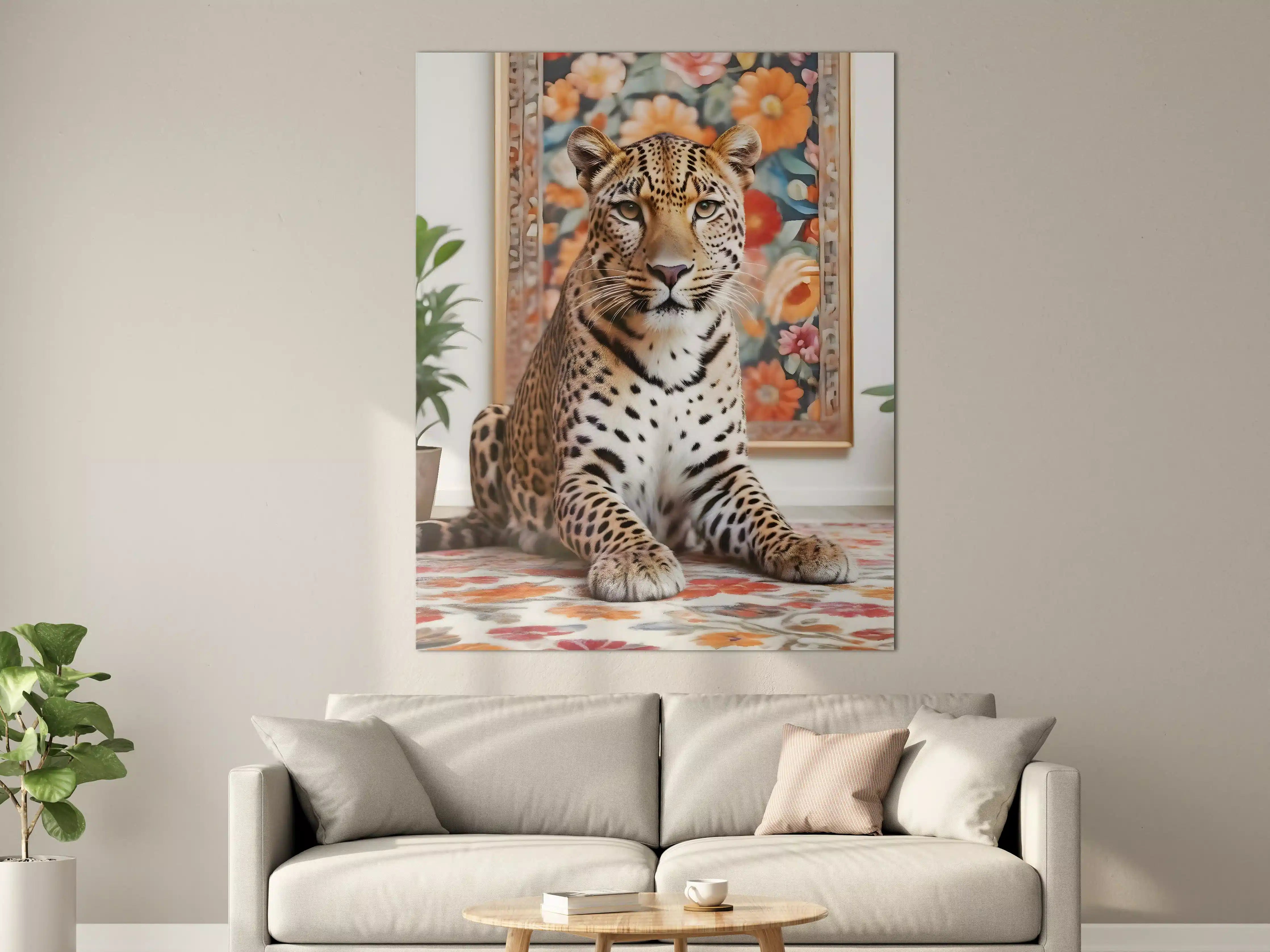 Große Wandbilder - Elegante Leopardin vor blumigem Hintergrund