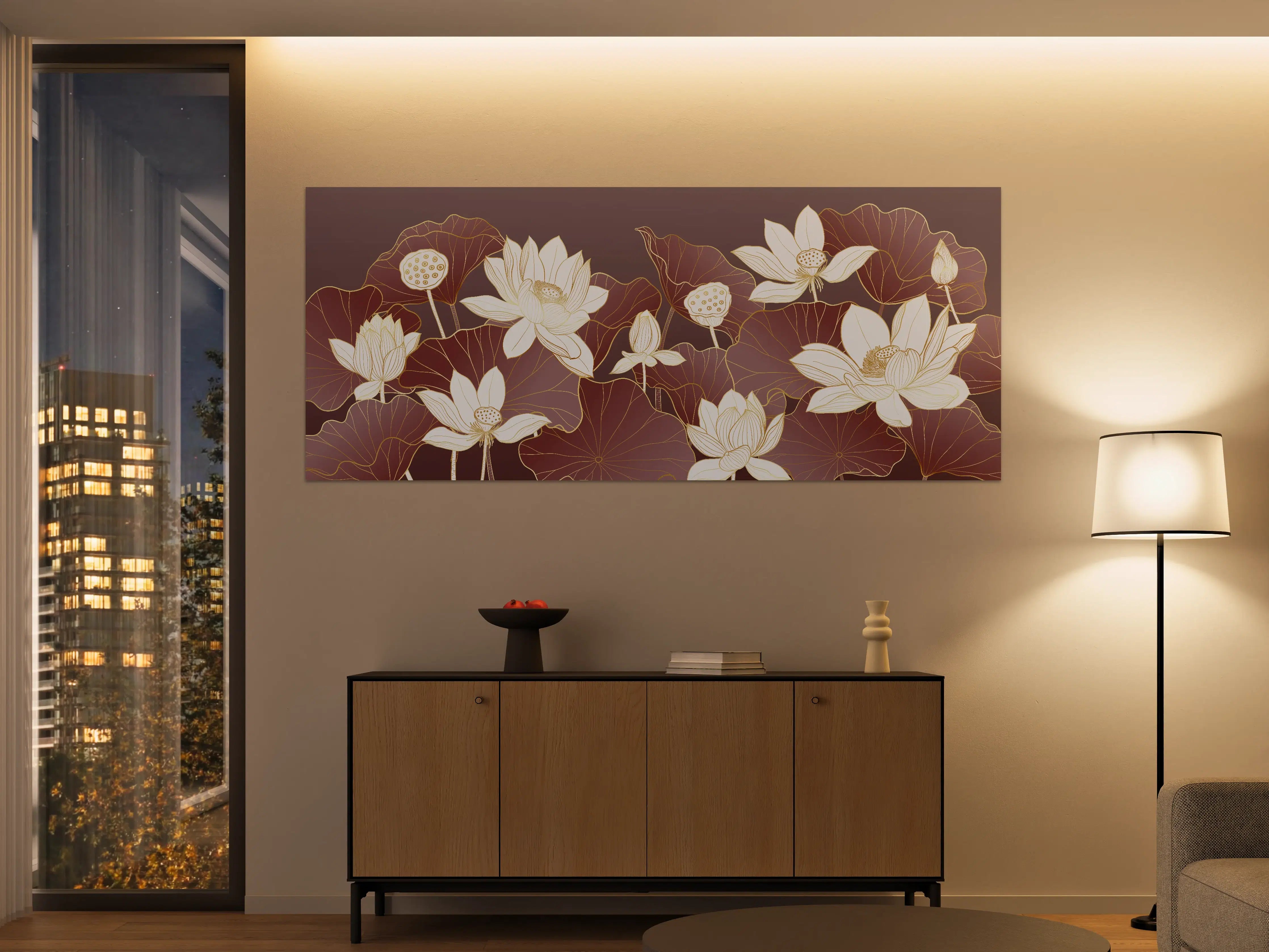 Große Wandbilder - Elegante Lotusblüten auf dunkelviolettem Hintergrund