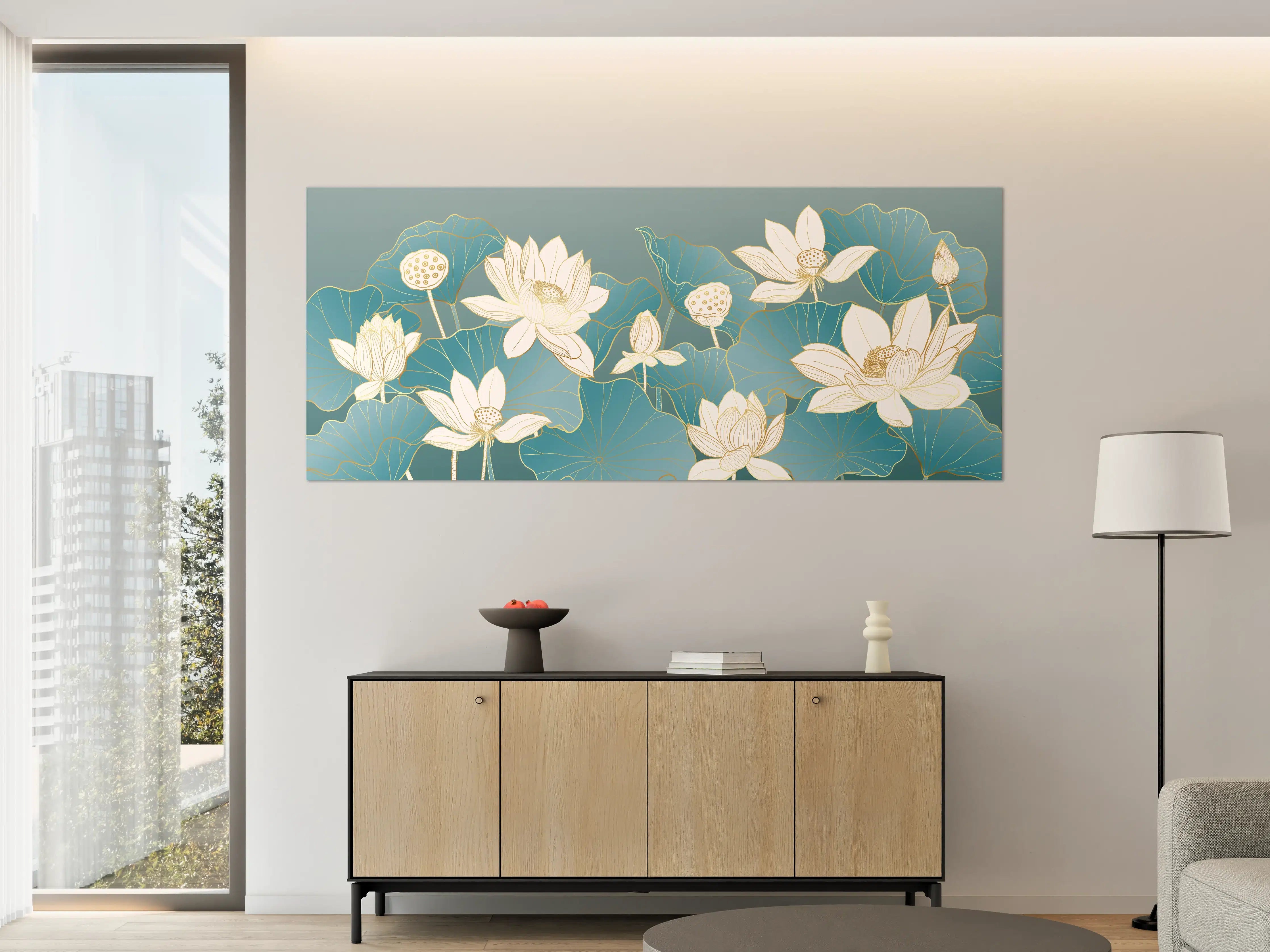 Große Wandbilder - Elegante Lotusblüten mit Goldakzenten