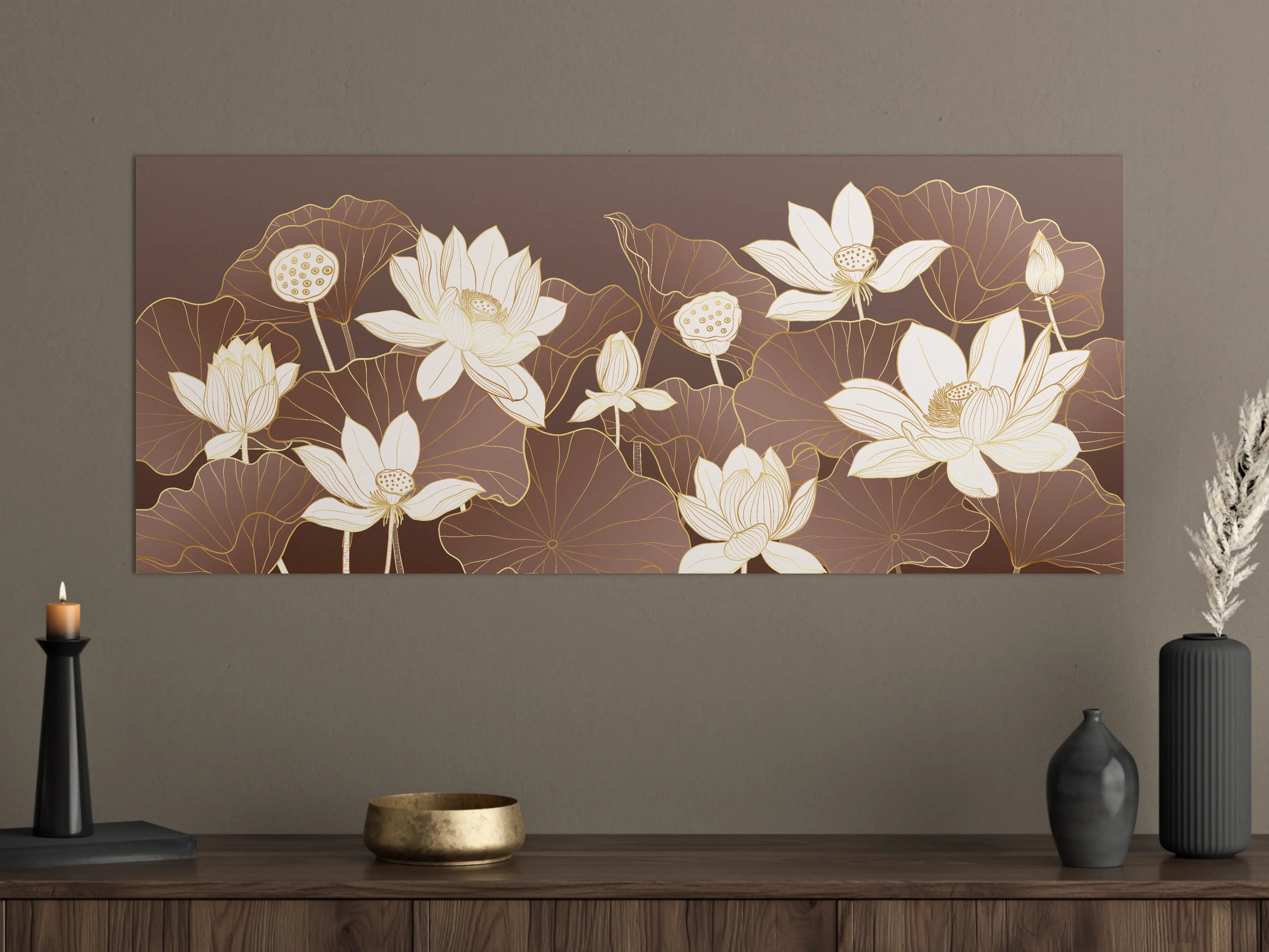 Große Wandbilder - Elegante Lotusblumen in Creme und Taupe