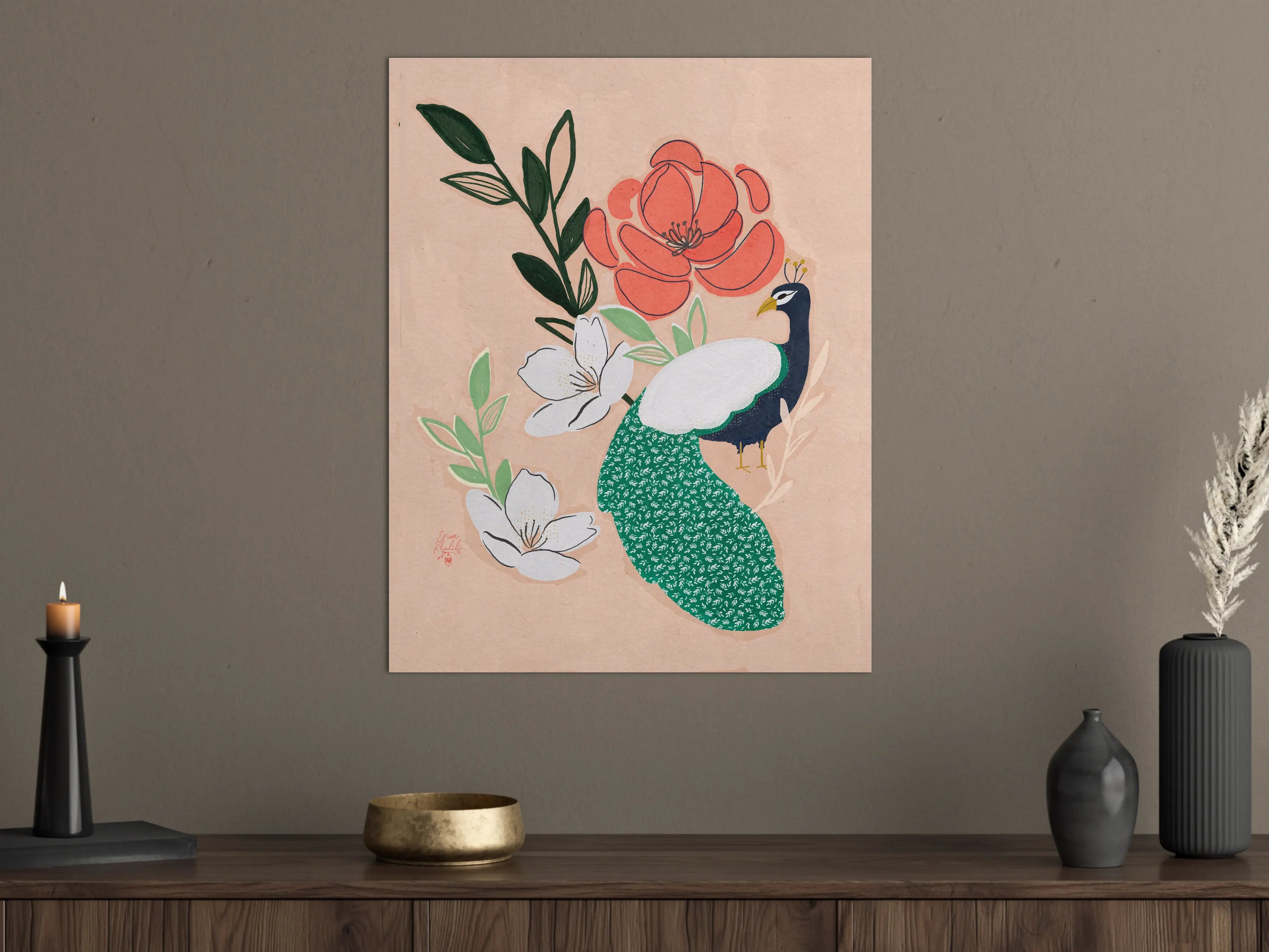 Große Wandbilder - Elegante Pfauen und Blumen in Pastell