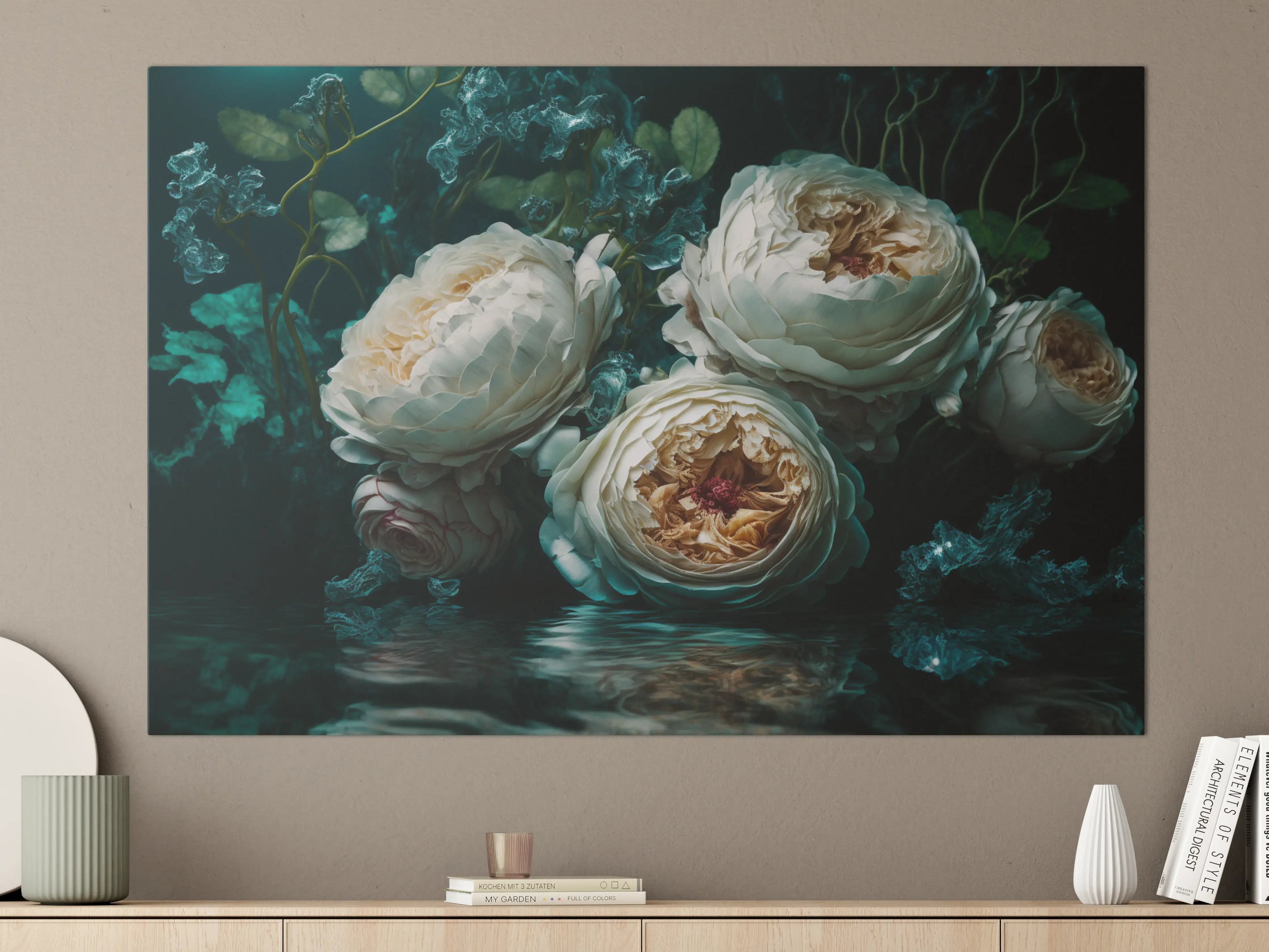 Große Wandbilder - Elegante weiße Blüten in dunklem Wasser