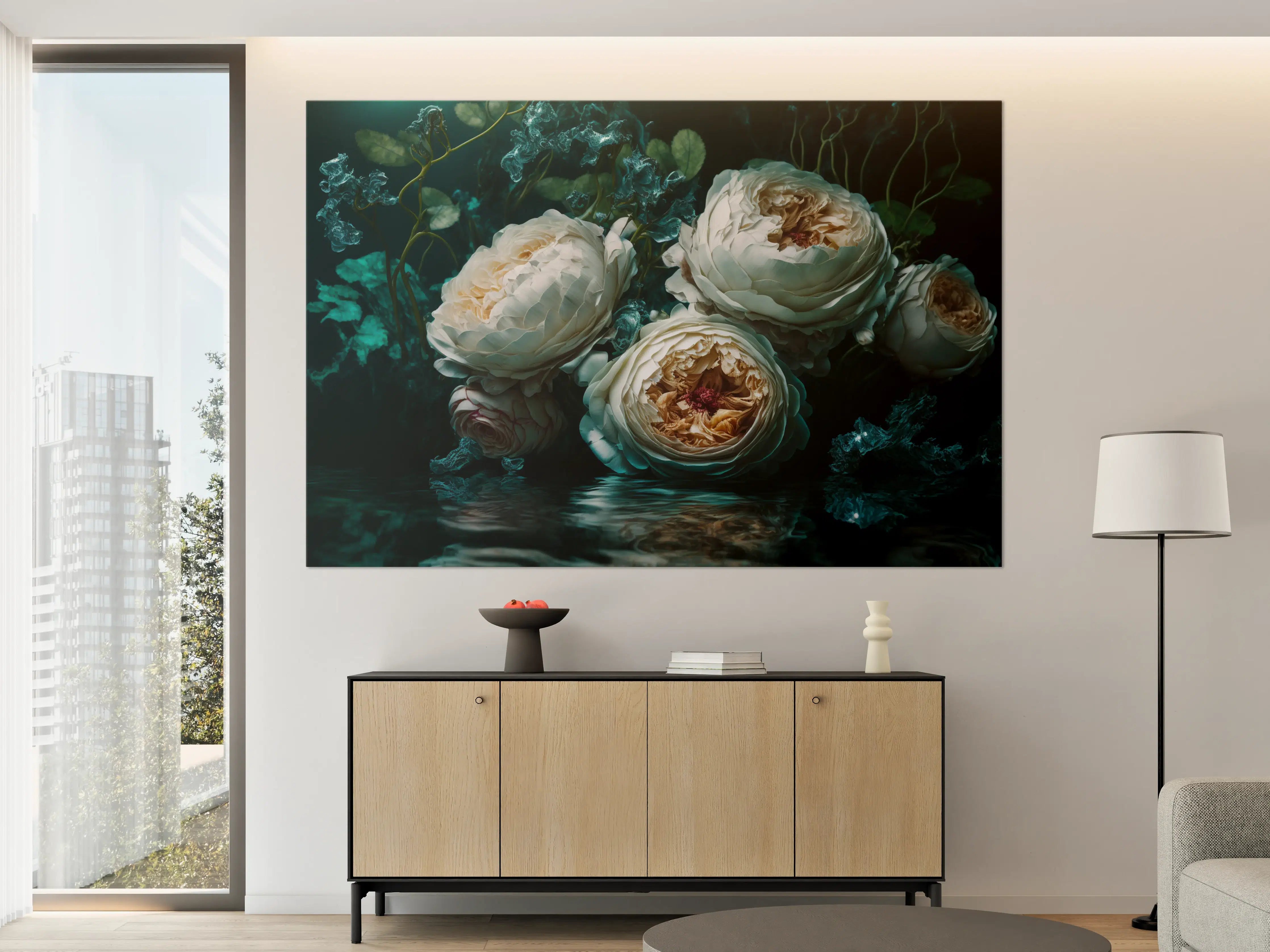 Große Wandbilder - Elegante weiße Blüten in dunklem Wasser
