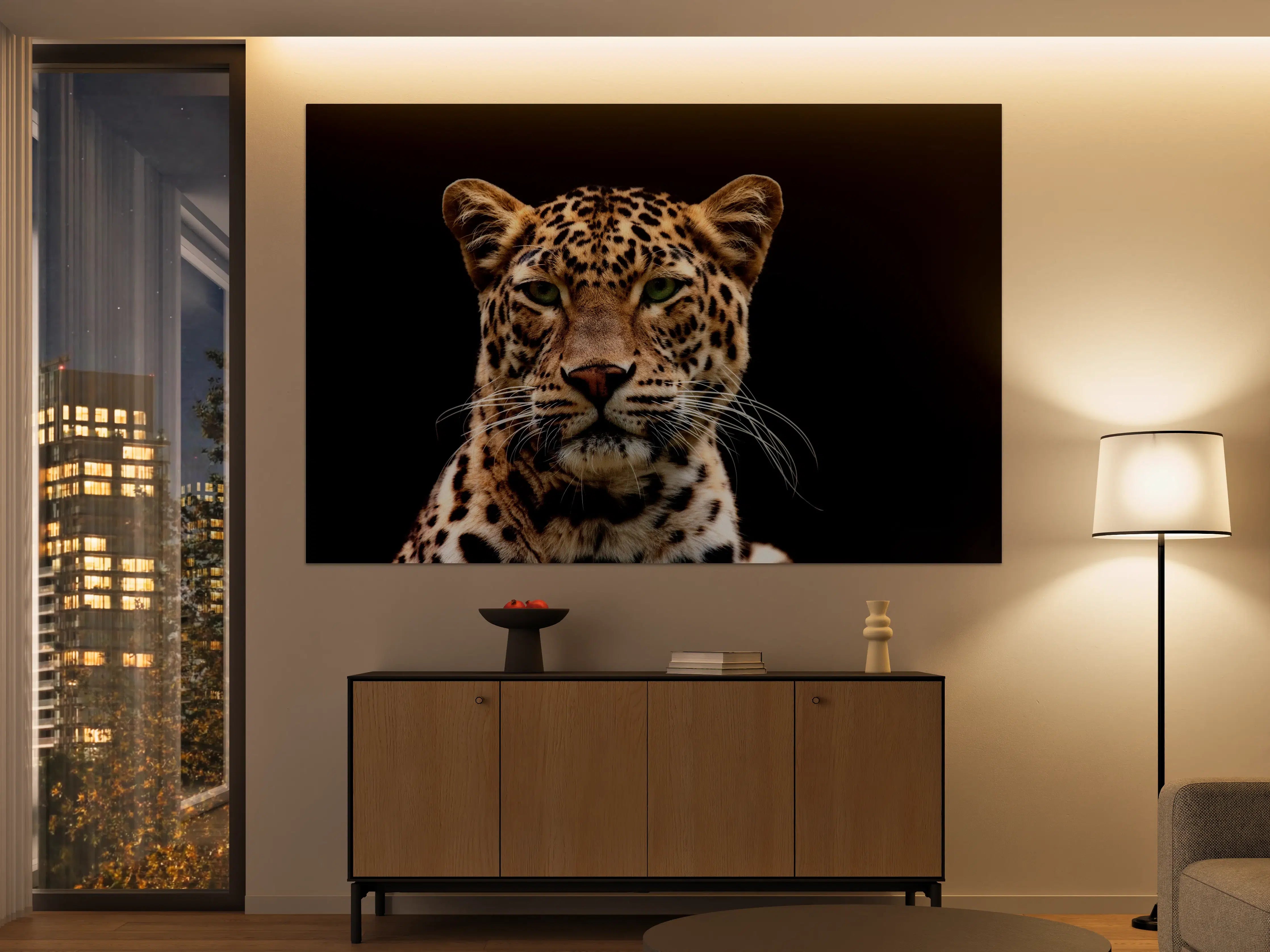 Große Wandbilder - Eleganter Leopard vor dunklem Hintergrund