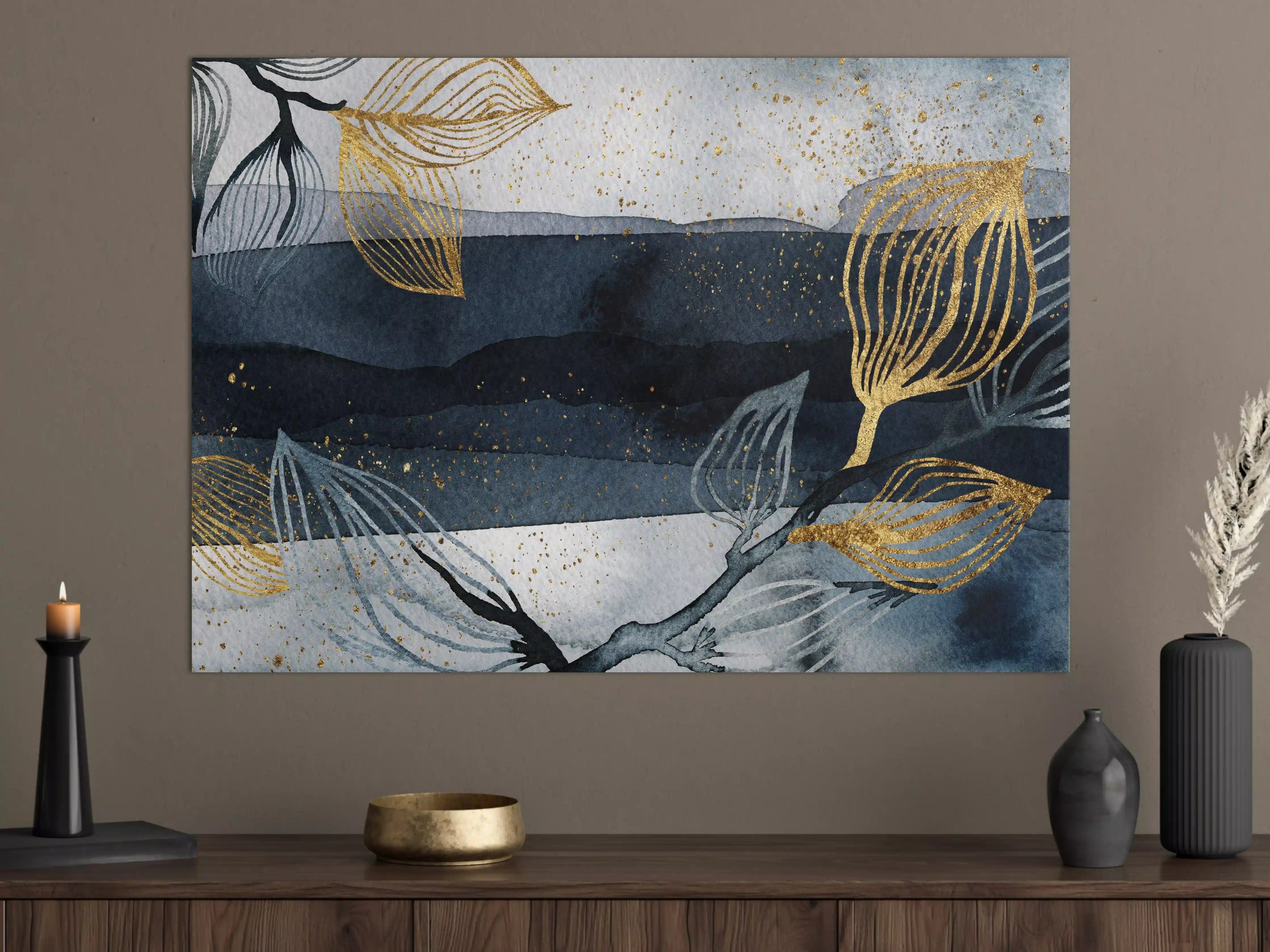 Große Wandbilder - Elegantes Blau-Gold-Wandbild mit Pflanzenmotiv