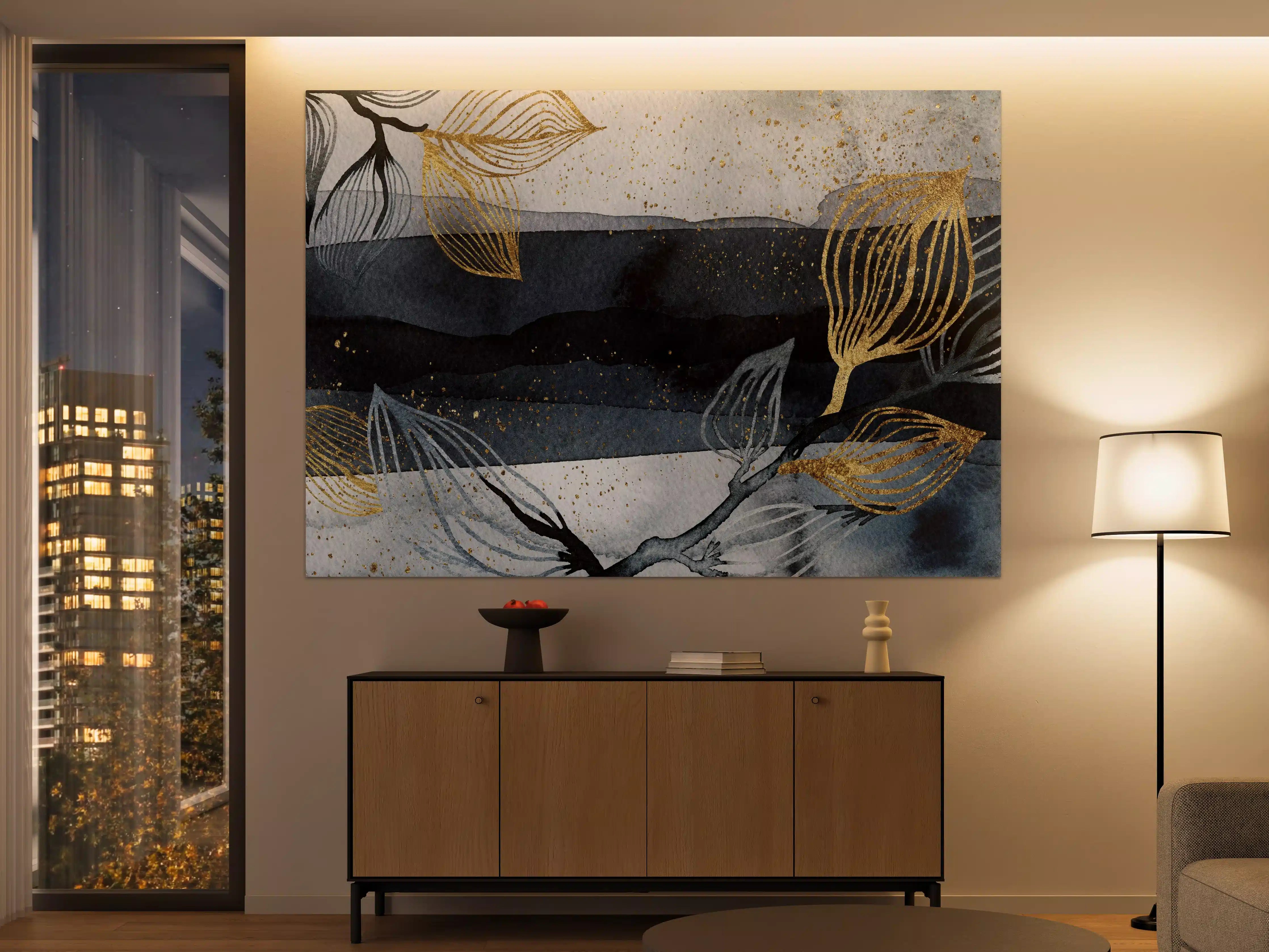 Große Wandbilder - Elegantes Blau-Gold-Wandbild mit Pflanzenmotiv