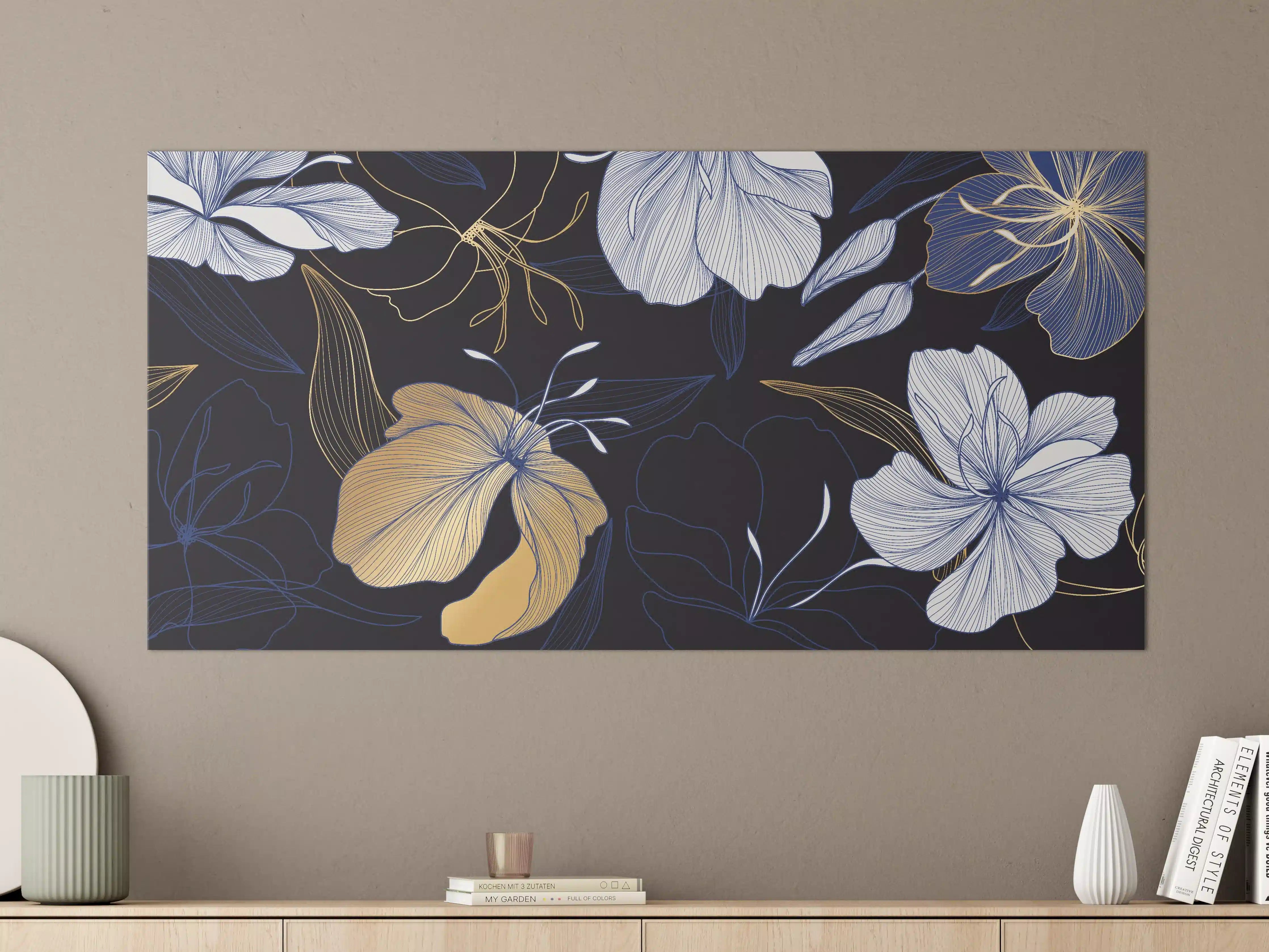 Große Wandbilder - Elegantes Blumen-Muster Dunkelblau