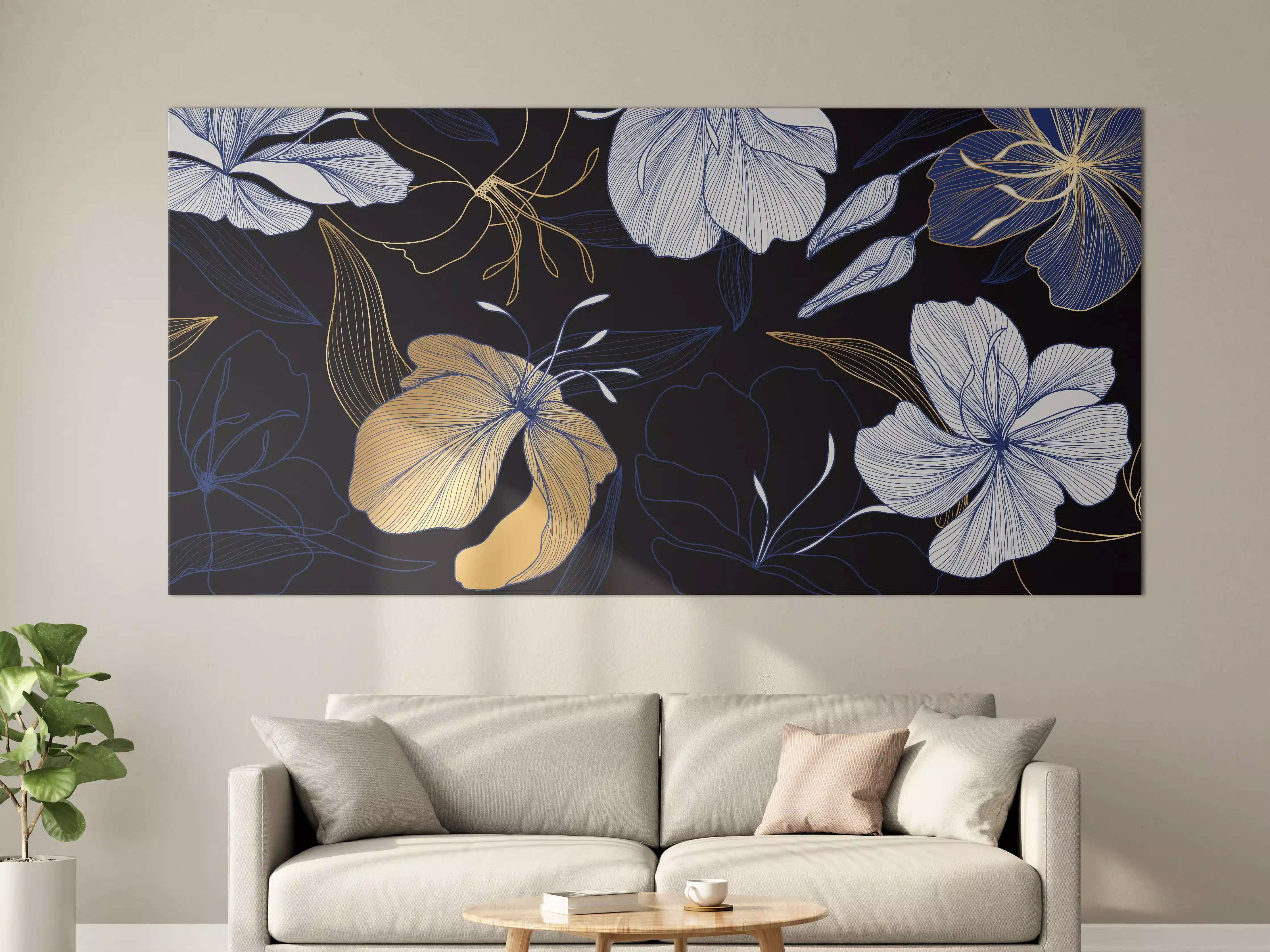 Große Wandbilder - Elegantes Blumen-Muster Dunkelblau