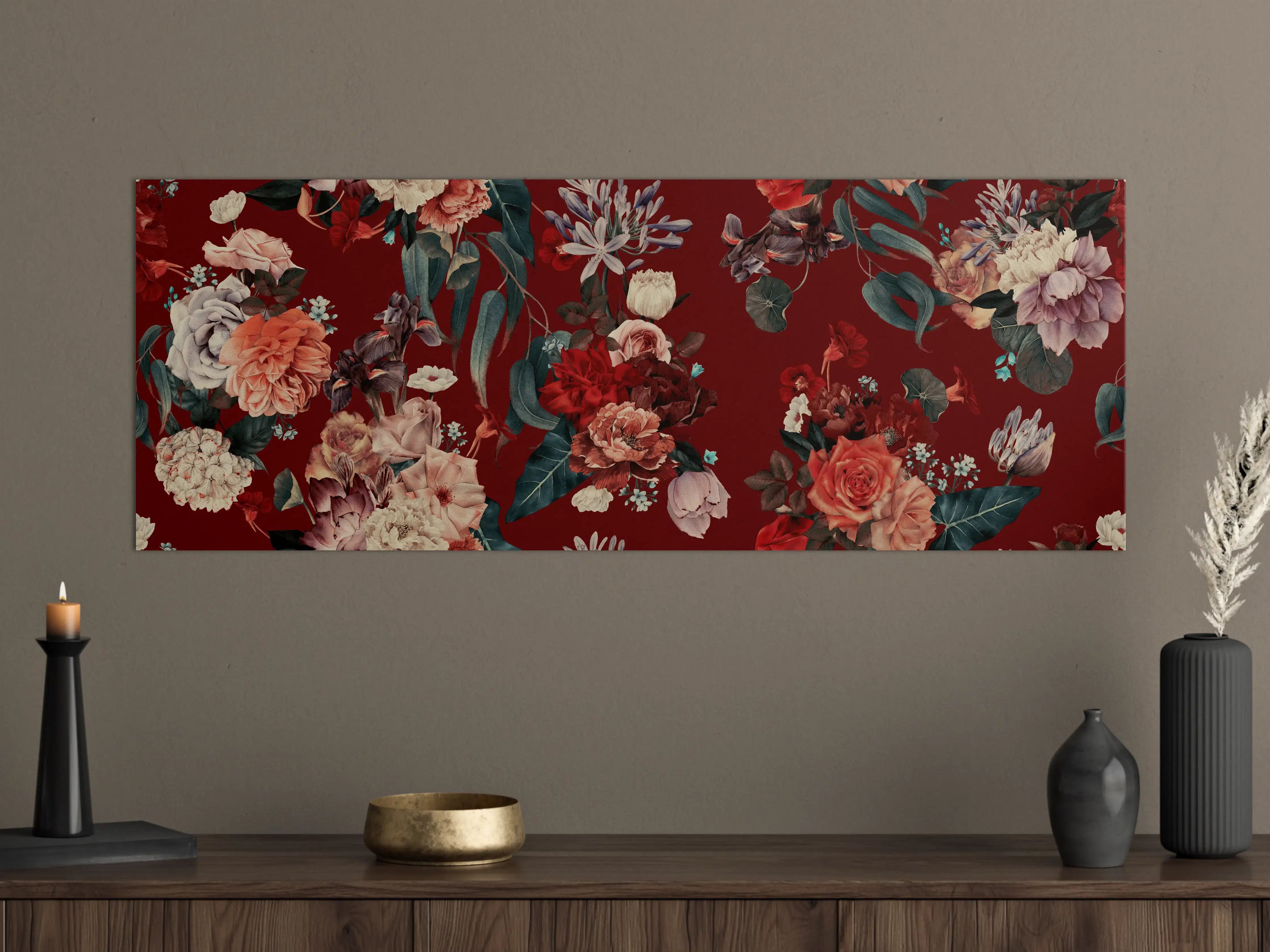 Große Wandbilder - Elegantes Blumenmuster mit tiefrotem Hintergrund