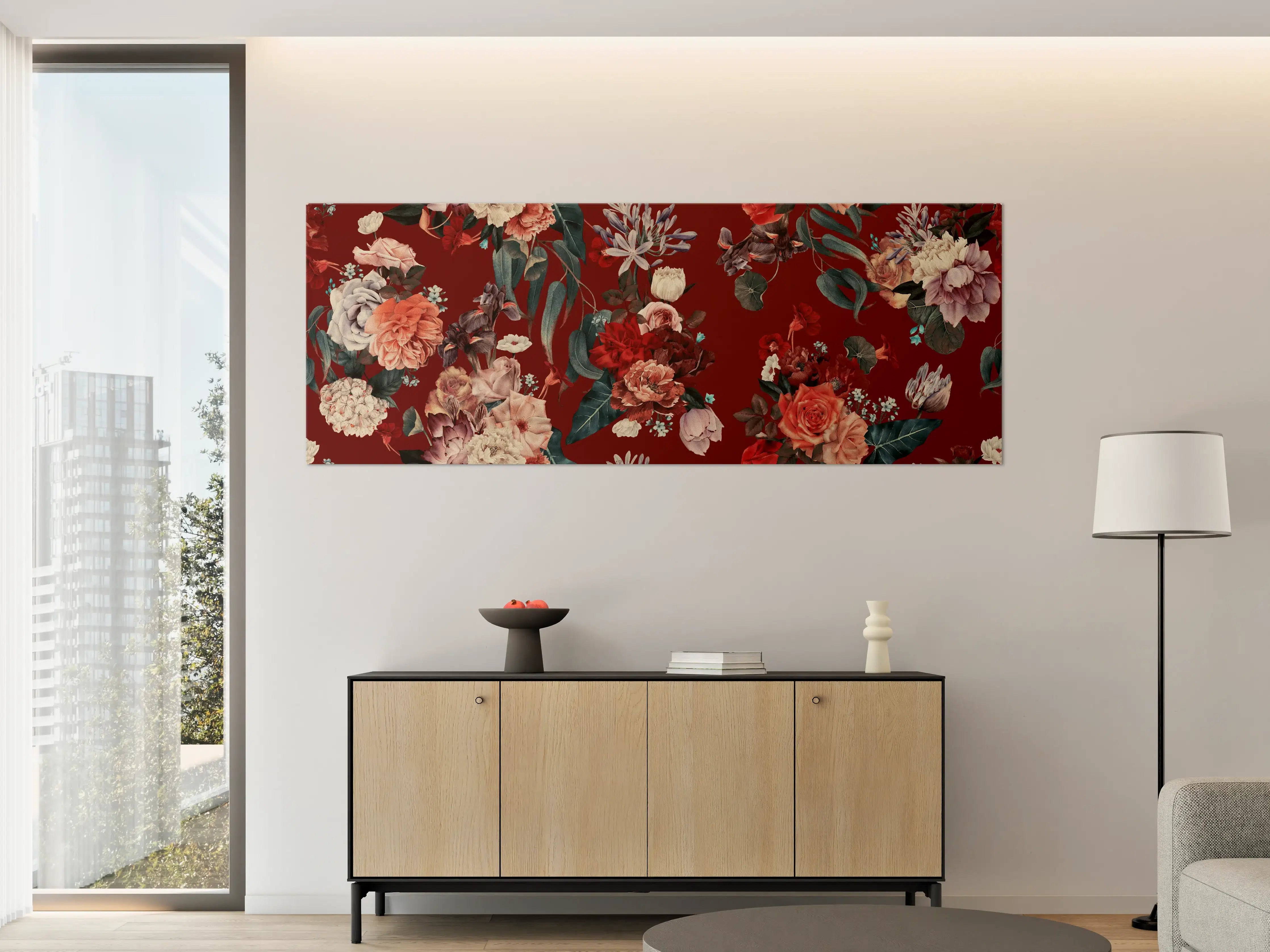 Große Wandbilder - Elegantes Blumenmuster mit tiefrotem Hintergrund