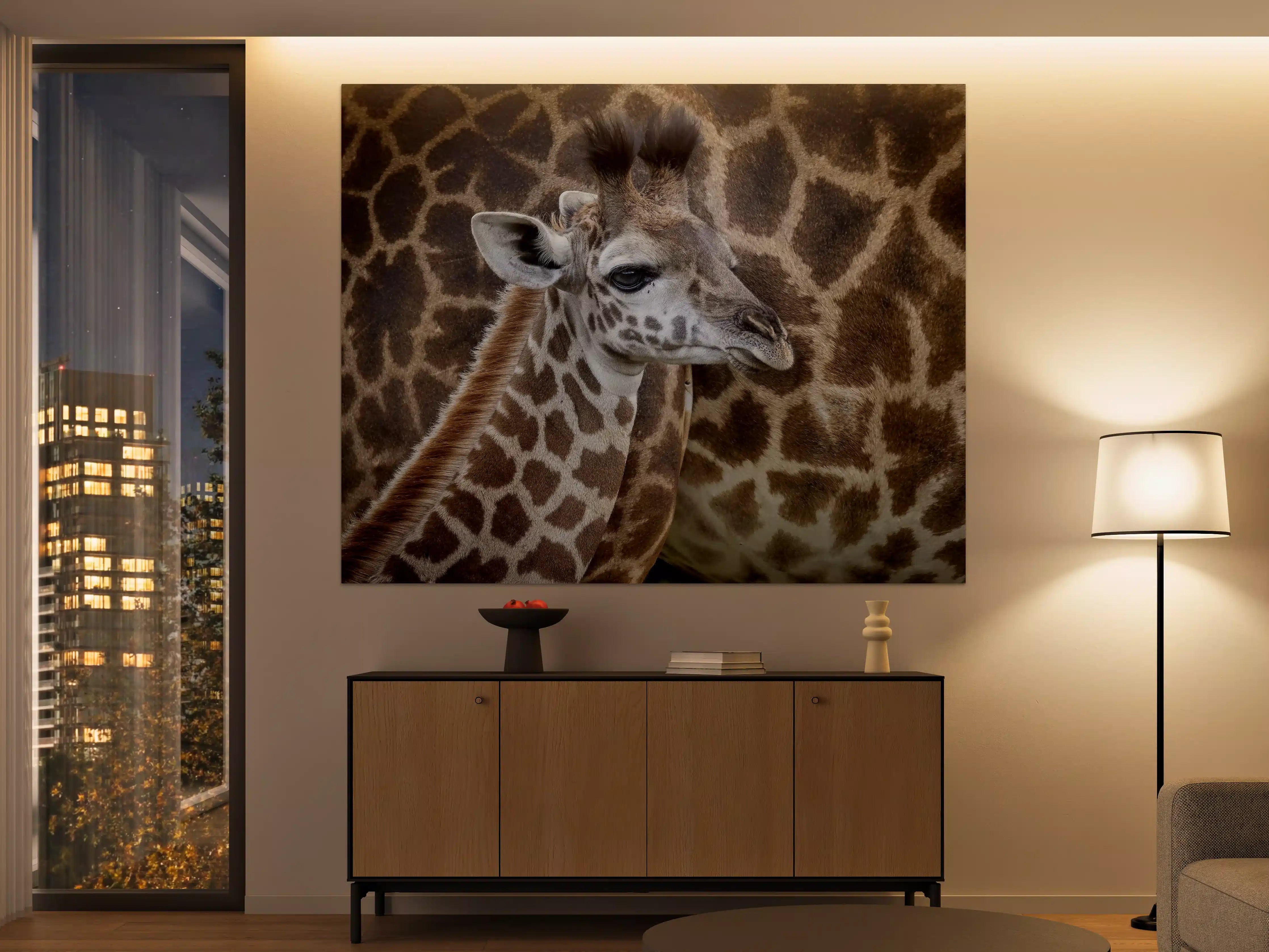 Große Wandbilder - Elegantes Giraffenporträt vor tierischer Kulisse