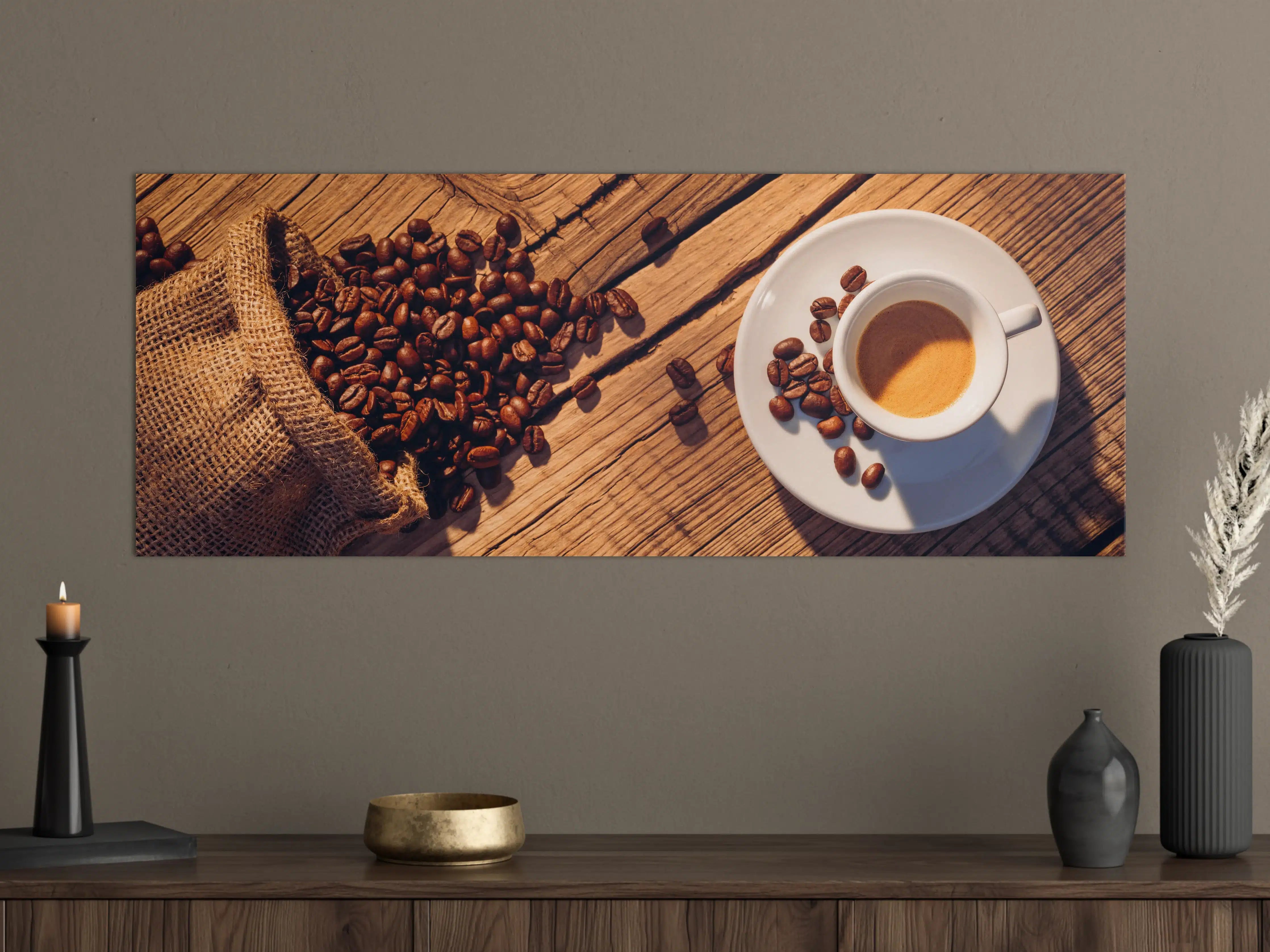 Große Wandbilder - Espresso und Kaffeebohnen auf Holz