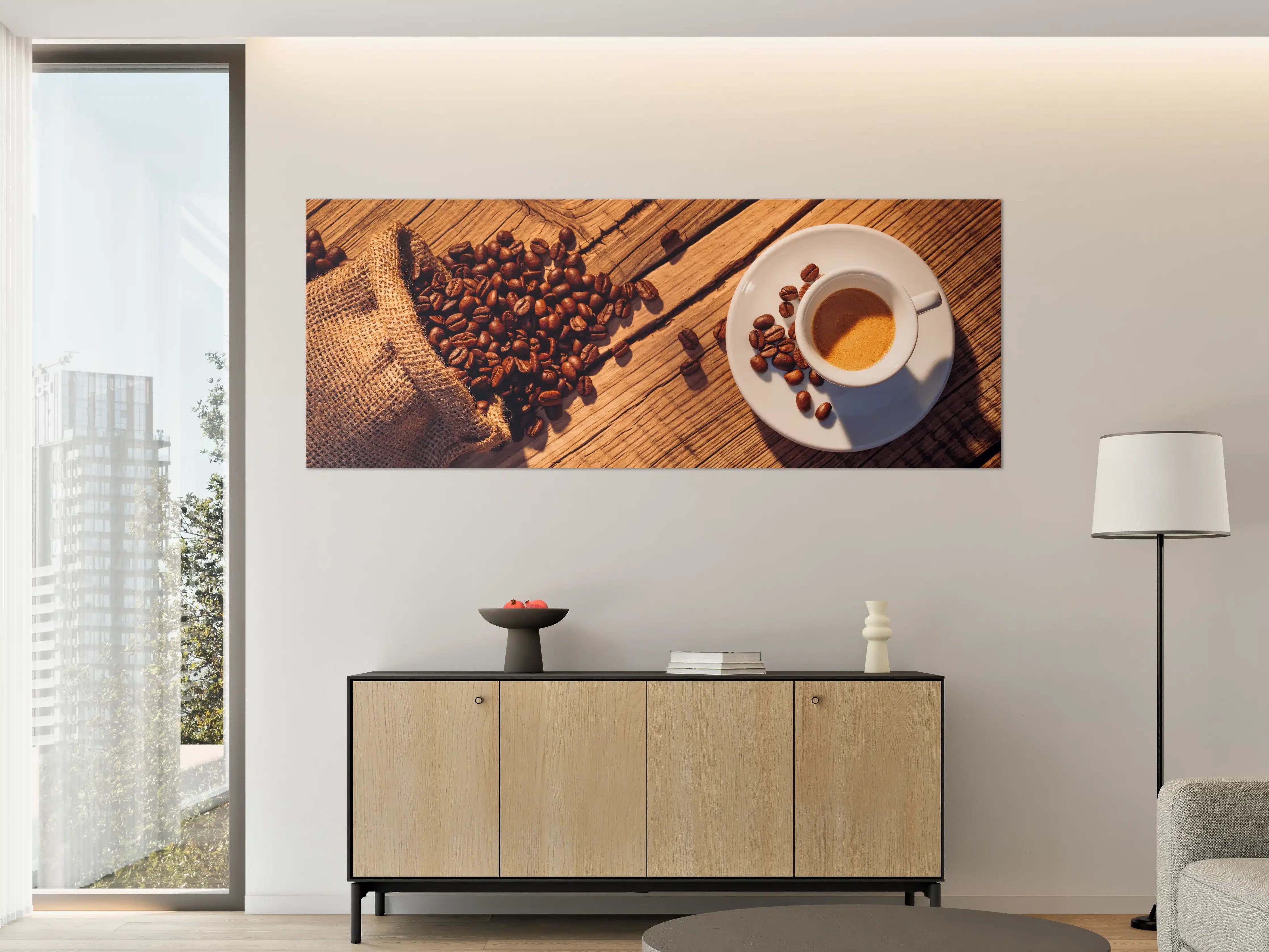 Große Wandbilder - Espresso und Kaffeebohnen auf Holz