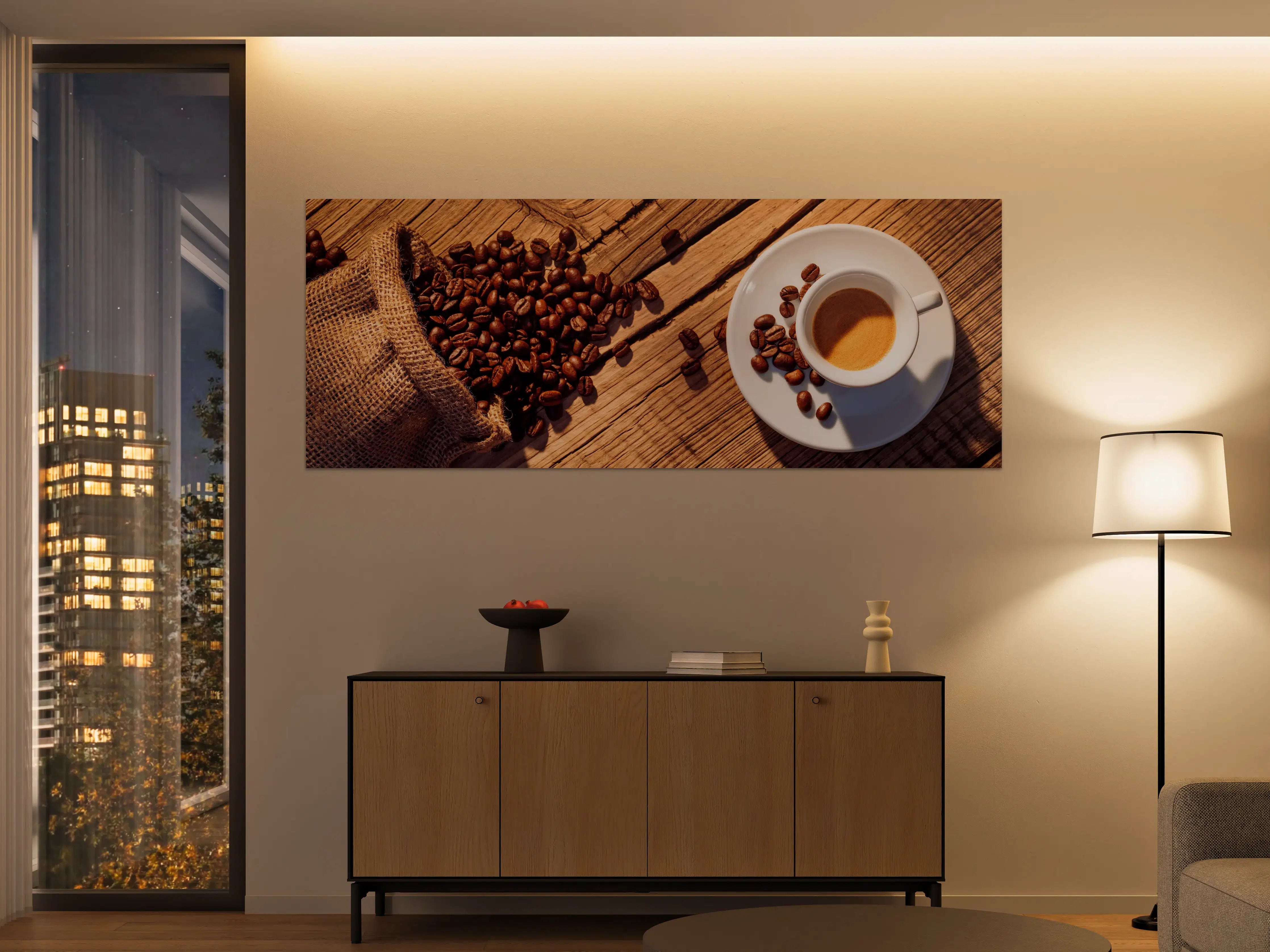 Große Wandbilder - Espresso und Kaffeebohnen auf Holz