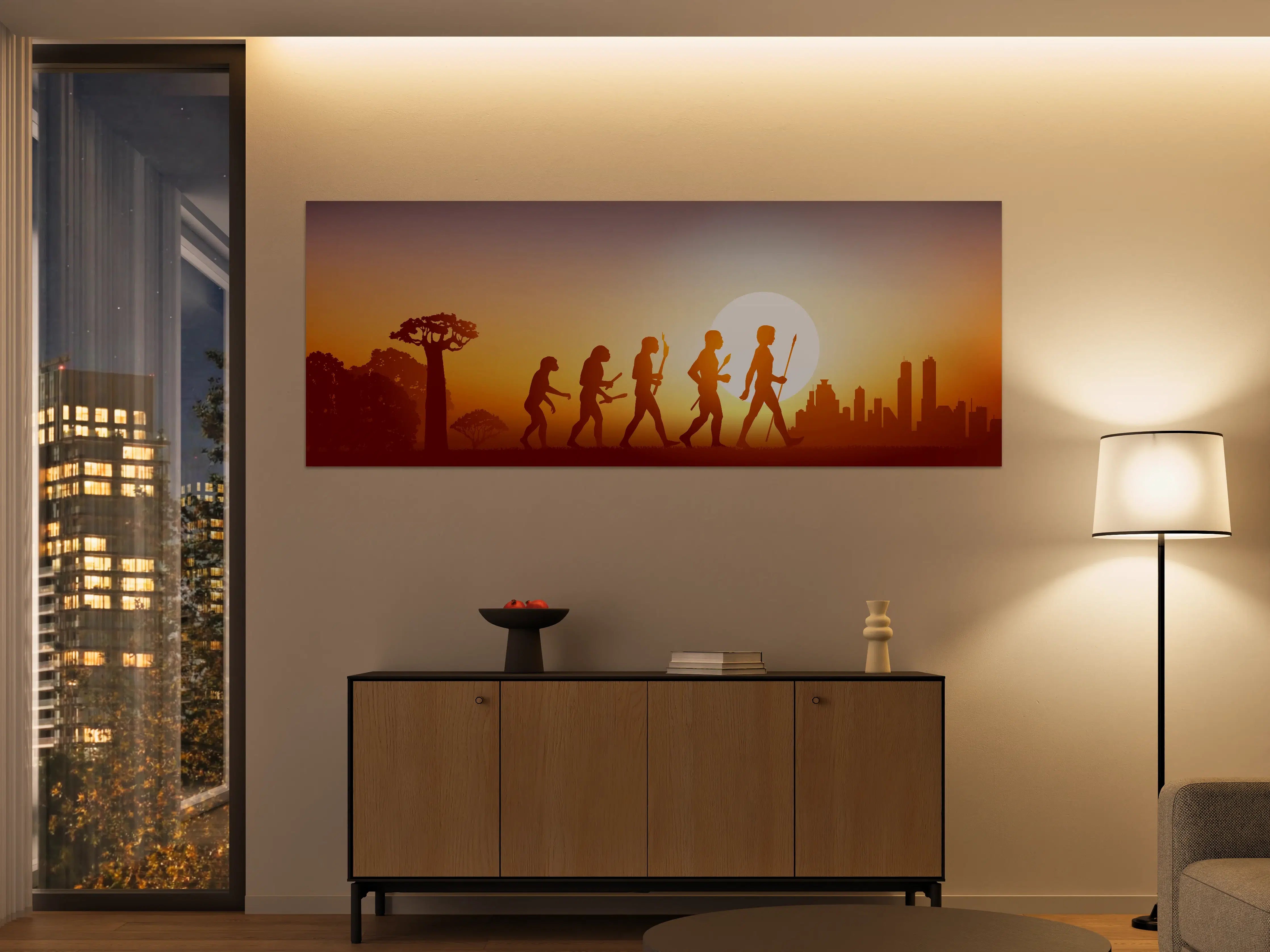 Große Wandbilder - Evolution des Menschen bei Sonnenuntergang