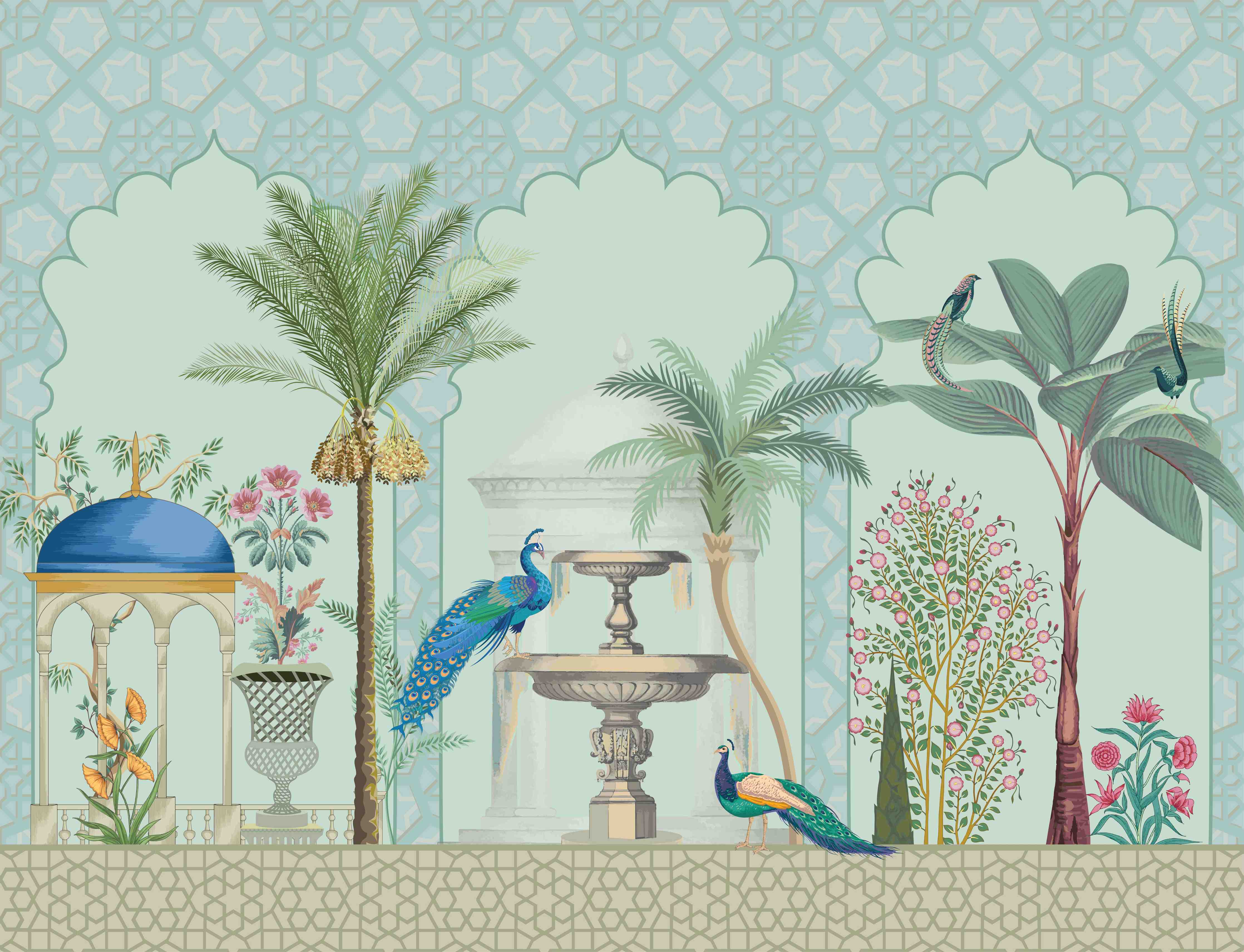 Große Wandbilder-Exotischer Garten mit Palmen und Flamingos