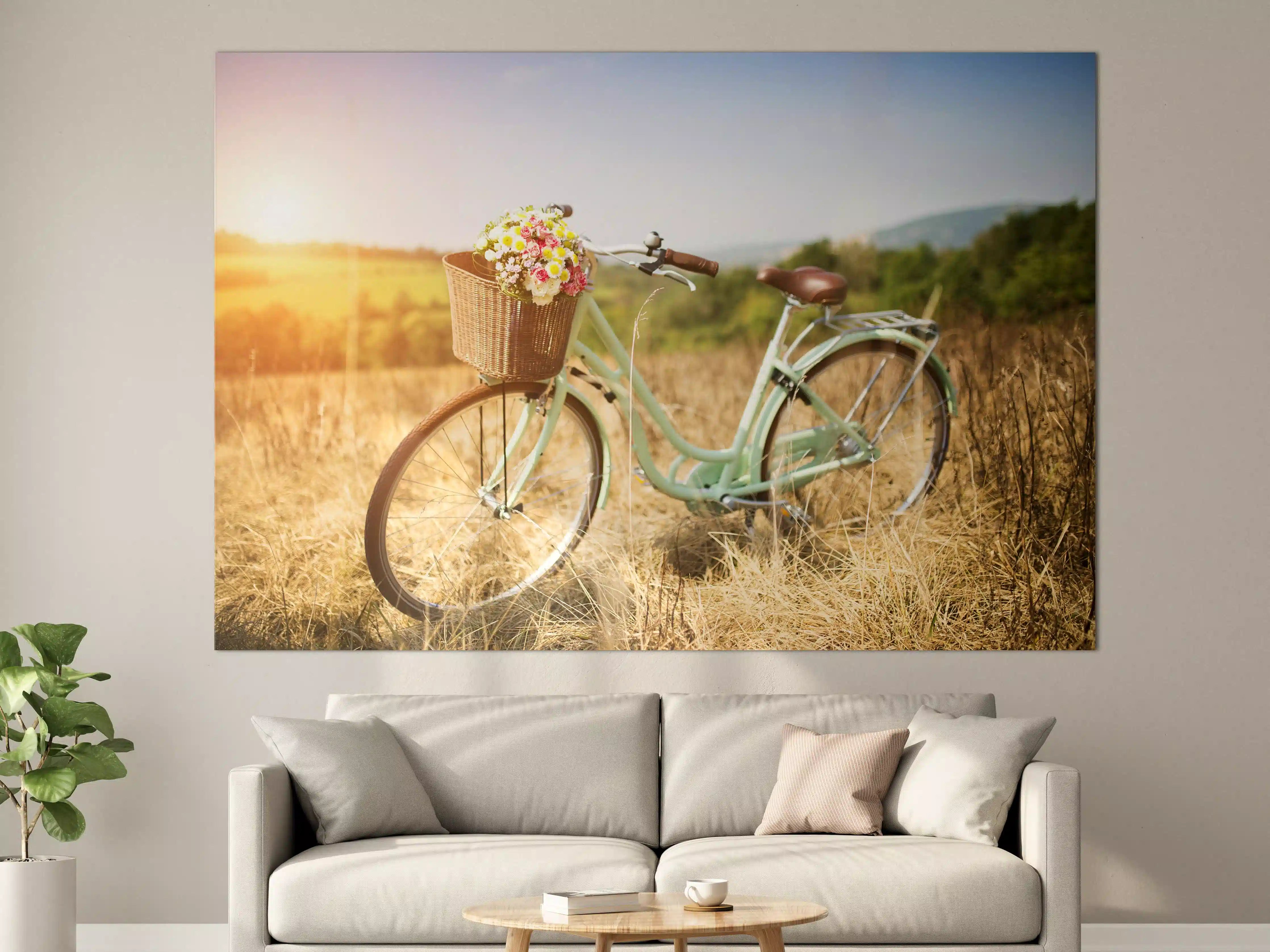 Große Wandbilder - Fahrrad mit Blumenkorb auf Wiese