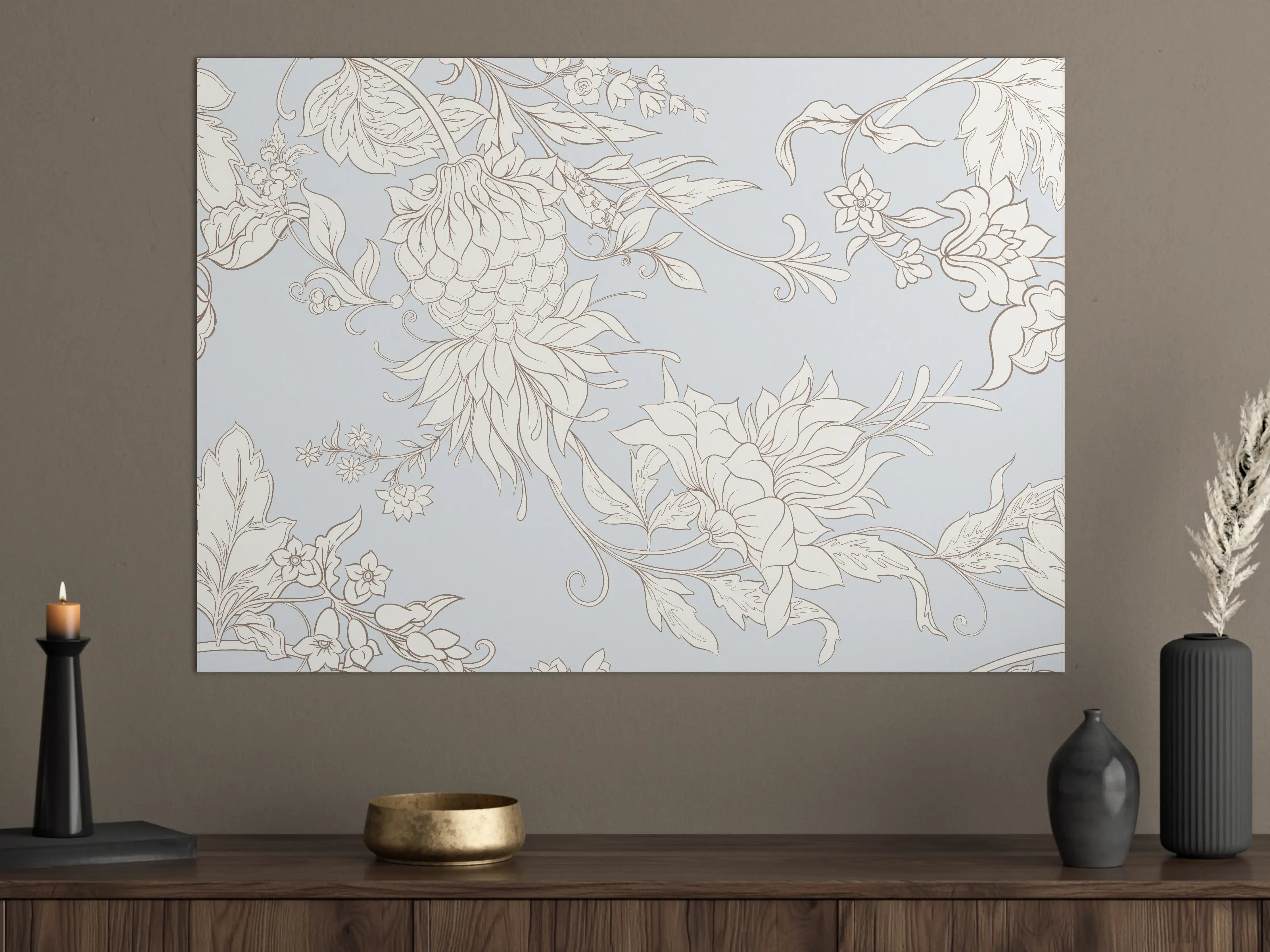Große Wandbilder - Fantasievolle Blumenzeichnung Weiß-Grau