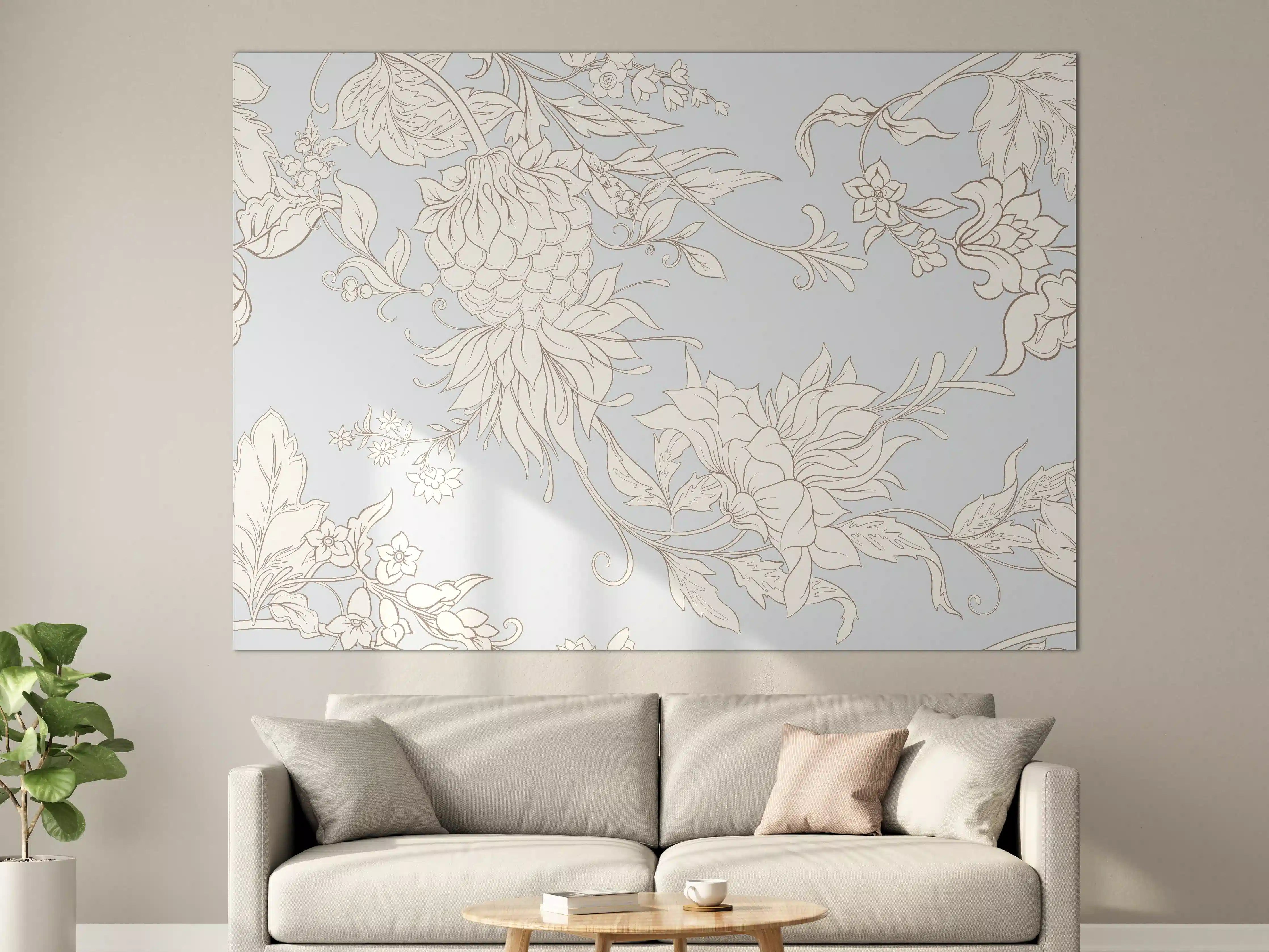Große Wandbilder - Fantasievolle Blumenzeichnung Weiß-Grau