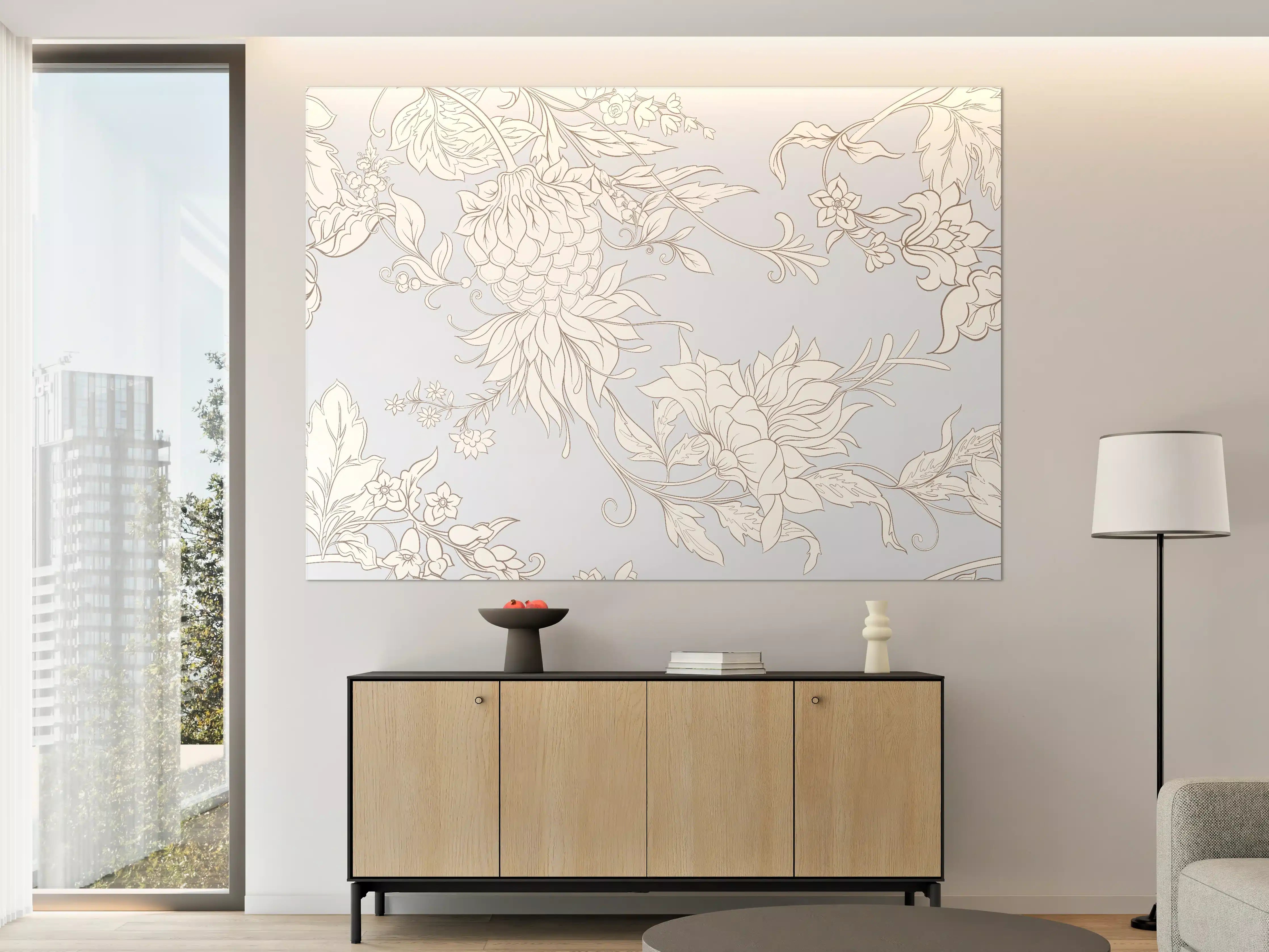 Große Wandbilder - Fantasievolle Blumenzeichnung Weiß-Grau