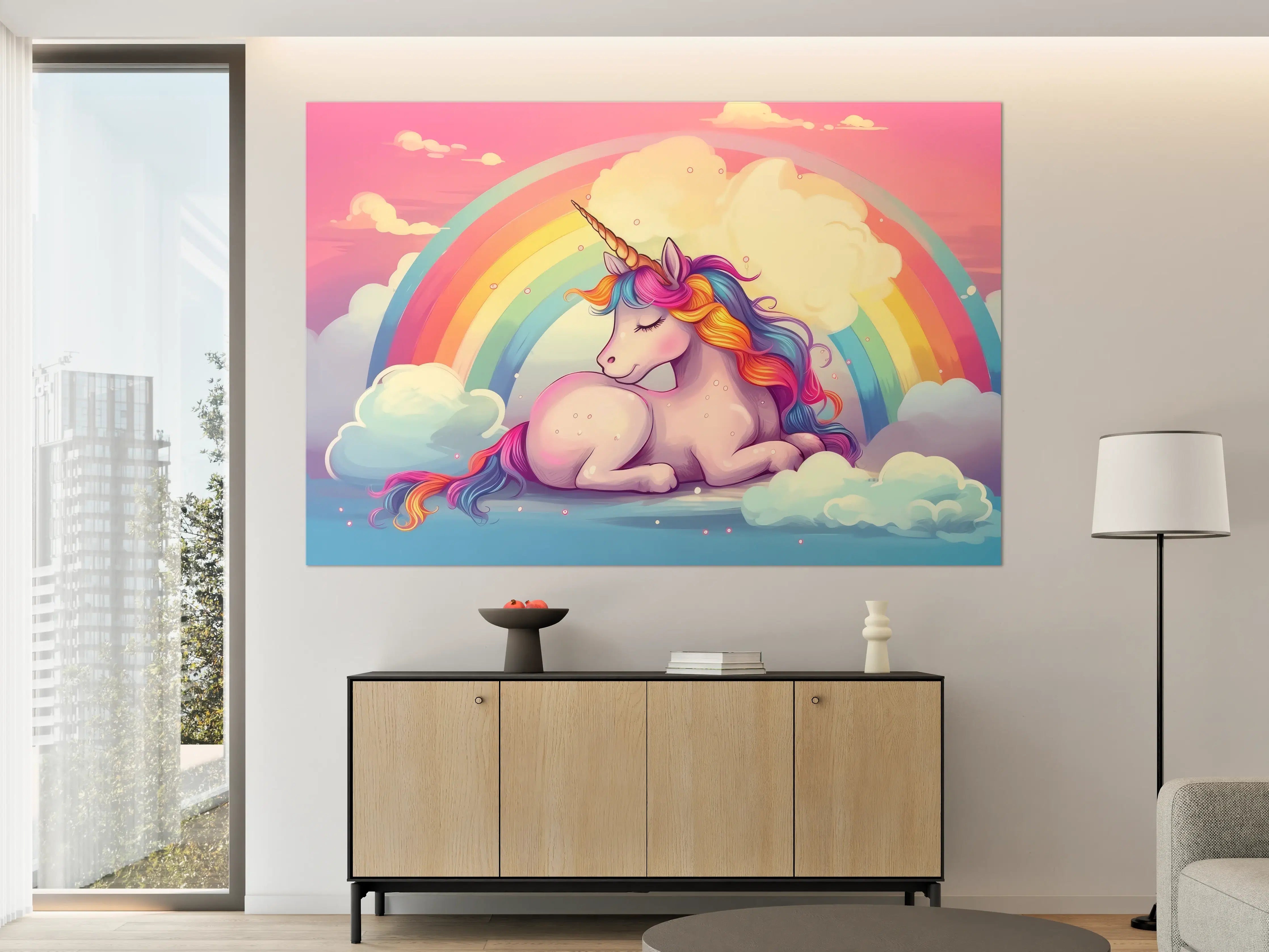 Große Wandbilder - Fantasievolles Einhorn mit Regenbogen-Hintergrund