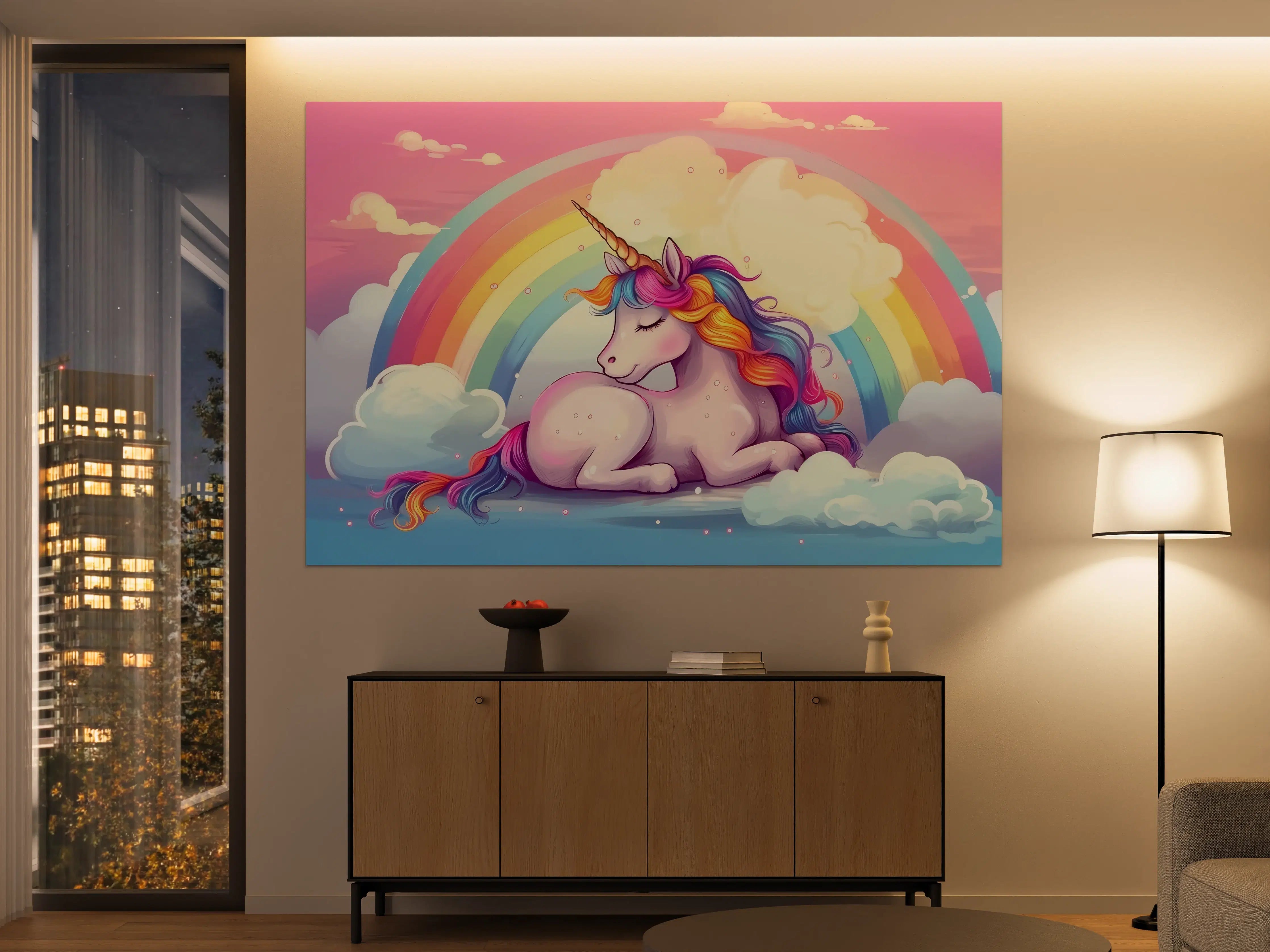 Große Wandbilder - Fantasievolles Einhorn mit Regenbogen-Hintergrund