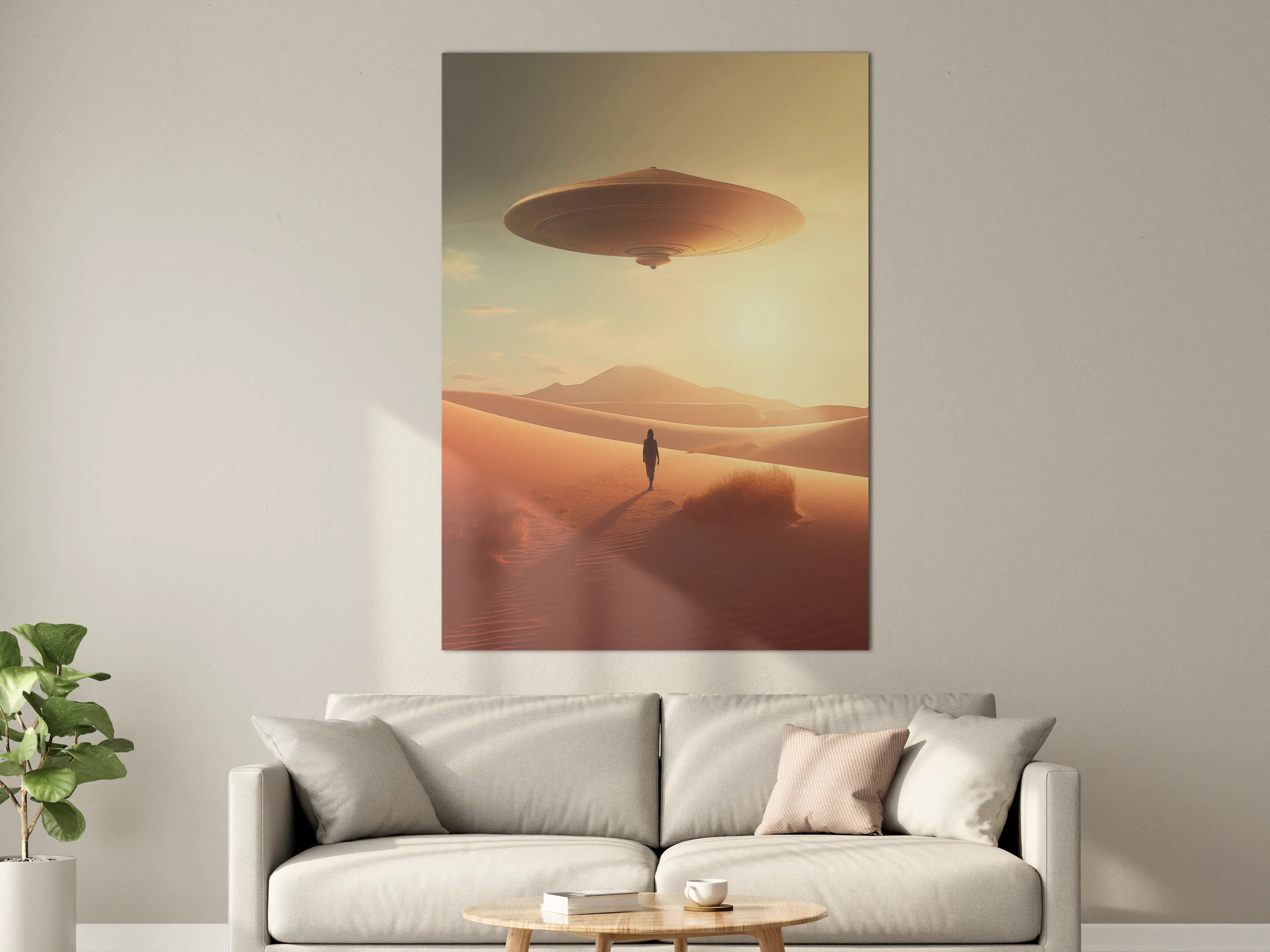 Große Wandbilder - Fantasievolles Szenario mit UFO über Sanddünen bei Sonnenuntergang
