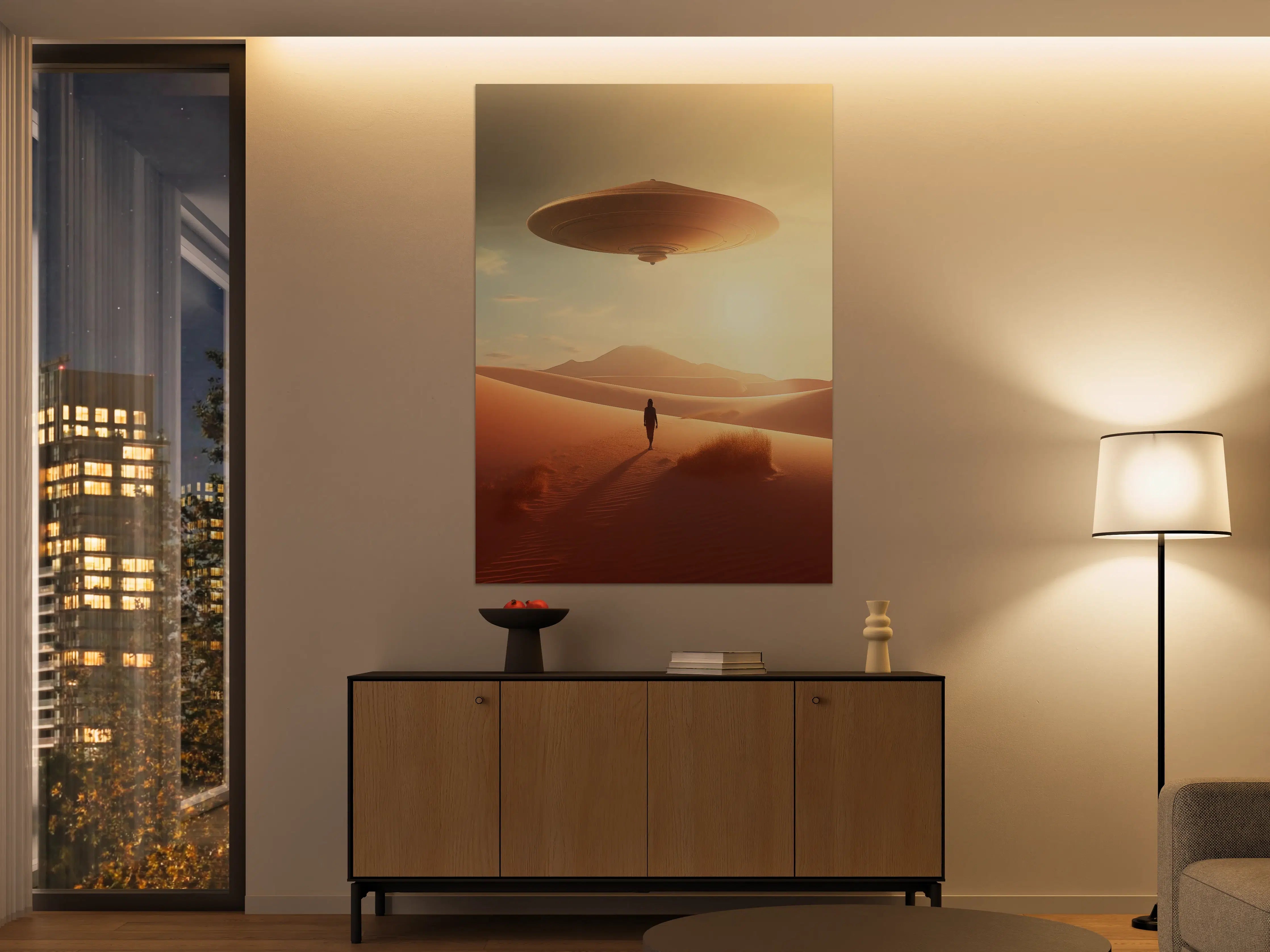 Große Wandbilder - Fantasievolles Szenario mit UFO über Sanddünen bei Sonnenuntergang