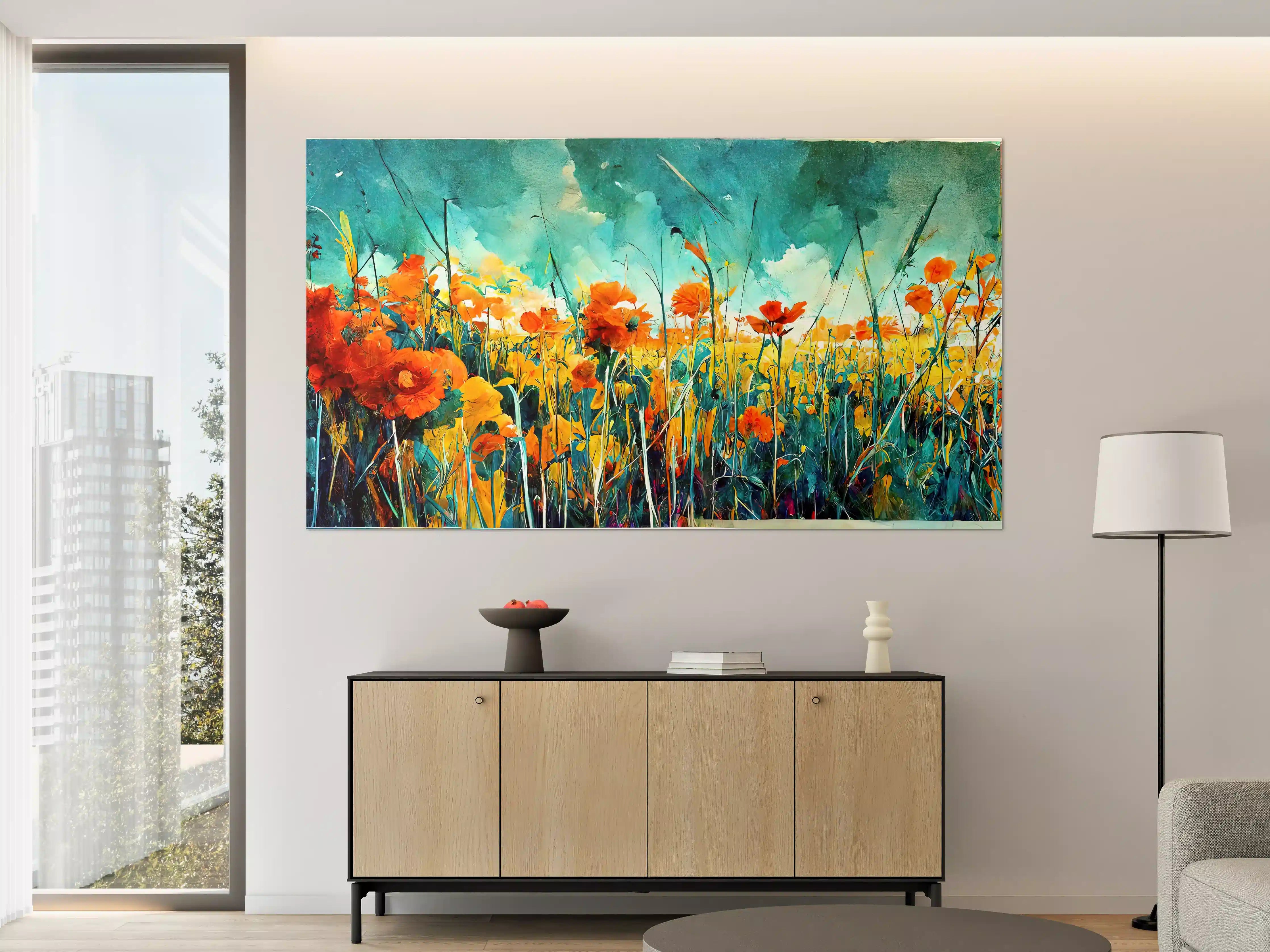 Große Wandbilder - Farbenfrohe Blumenwiese im Wasserfarben-Stil