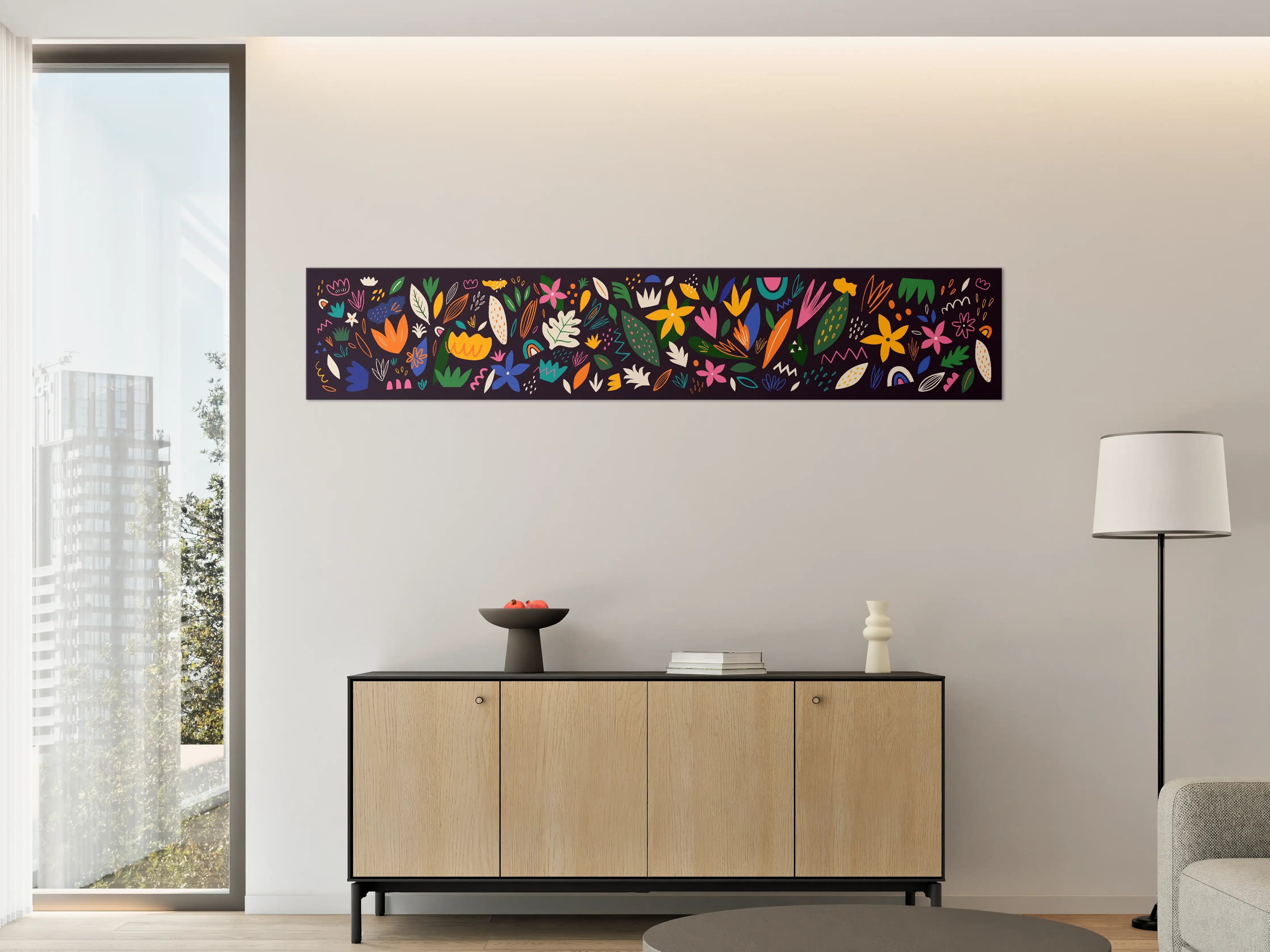 Große Wandbilder - Farbenfrohes Blumenmuster mit dunklem Hintergrund