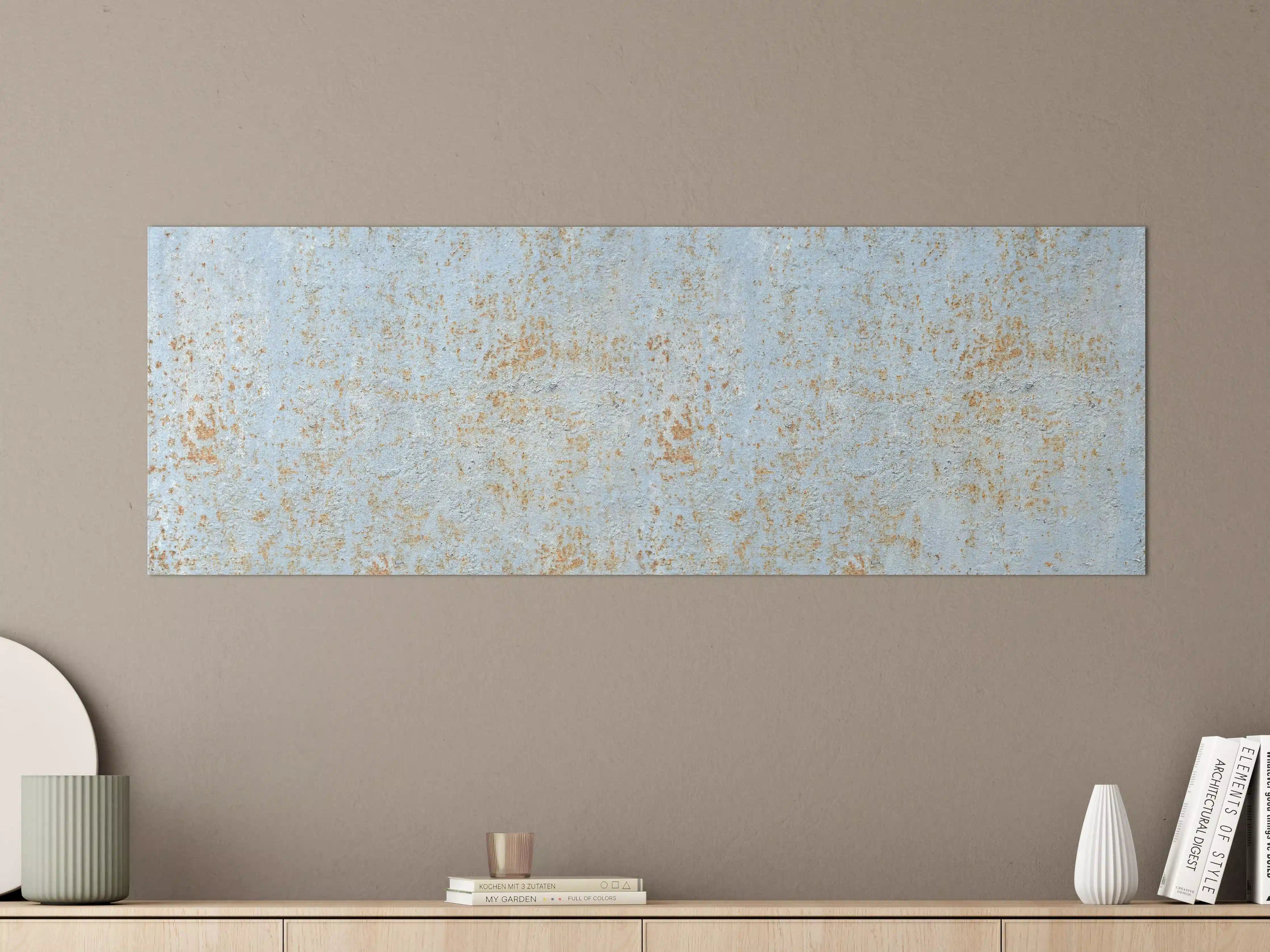 Große Wandbilder - Farbflocken auf rostigem Metallblech