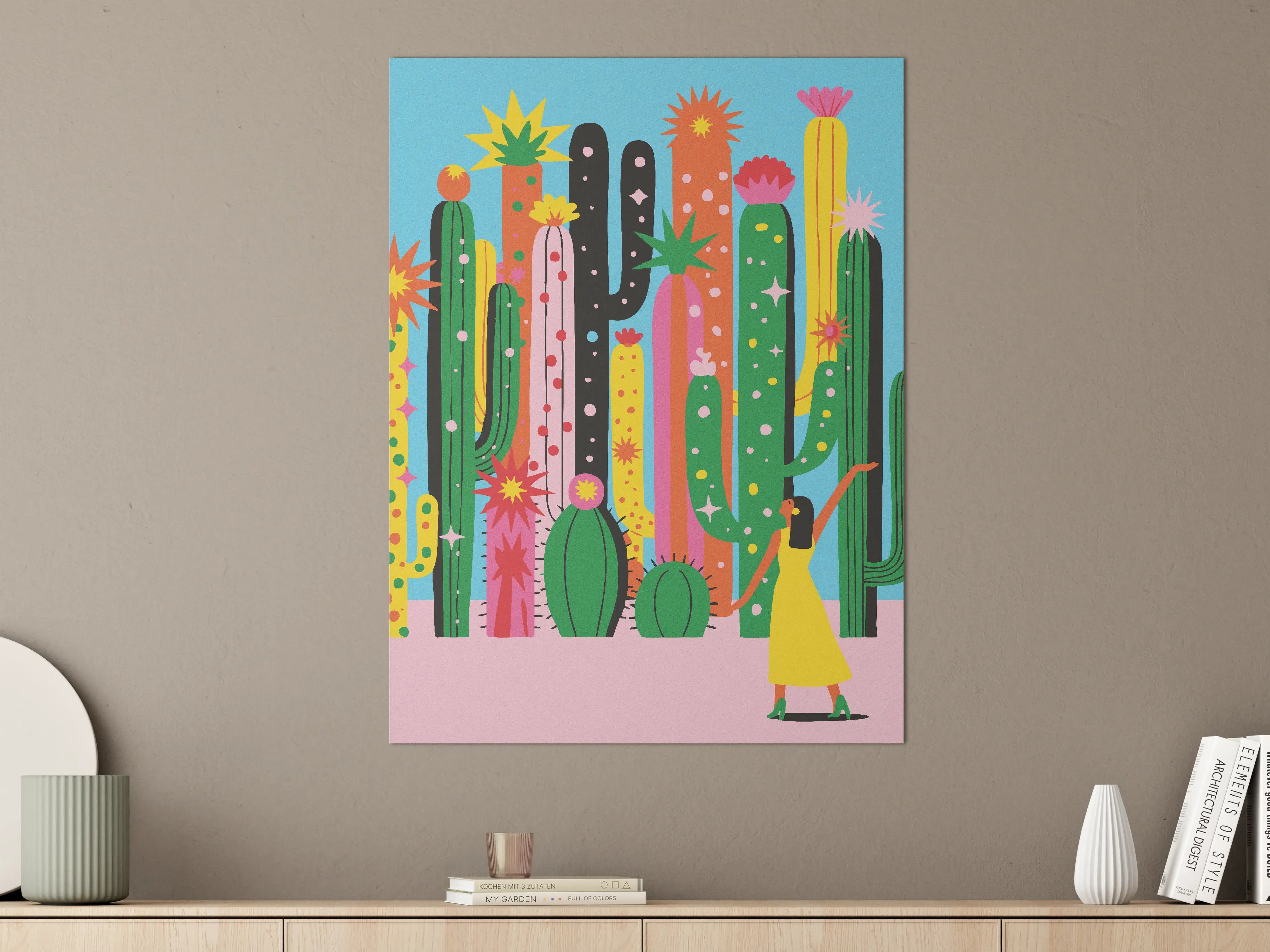Große Wandbilder - Farbfrohes Wüstenszenario mit Blumen und Figur
