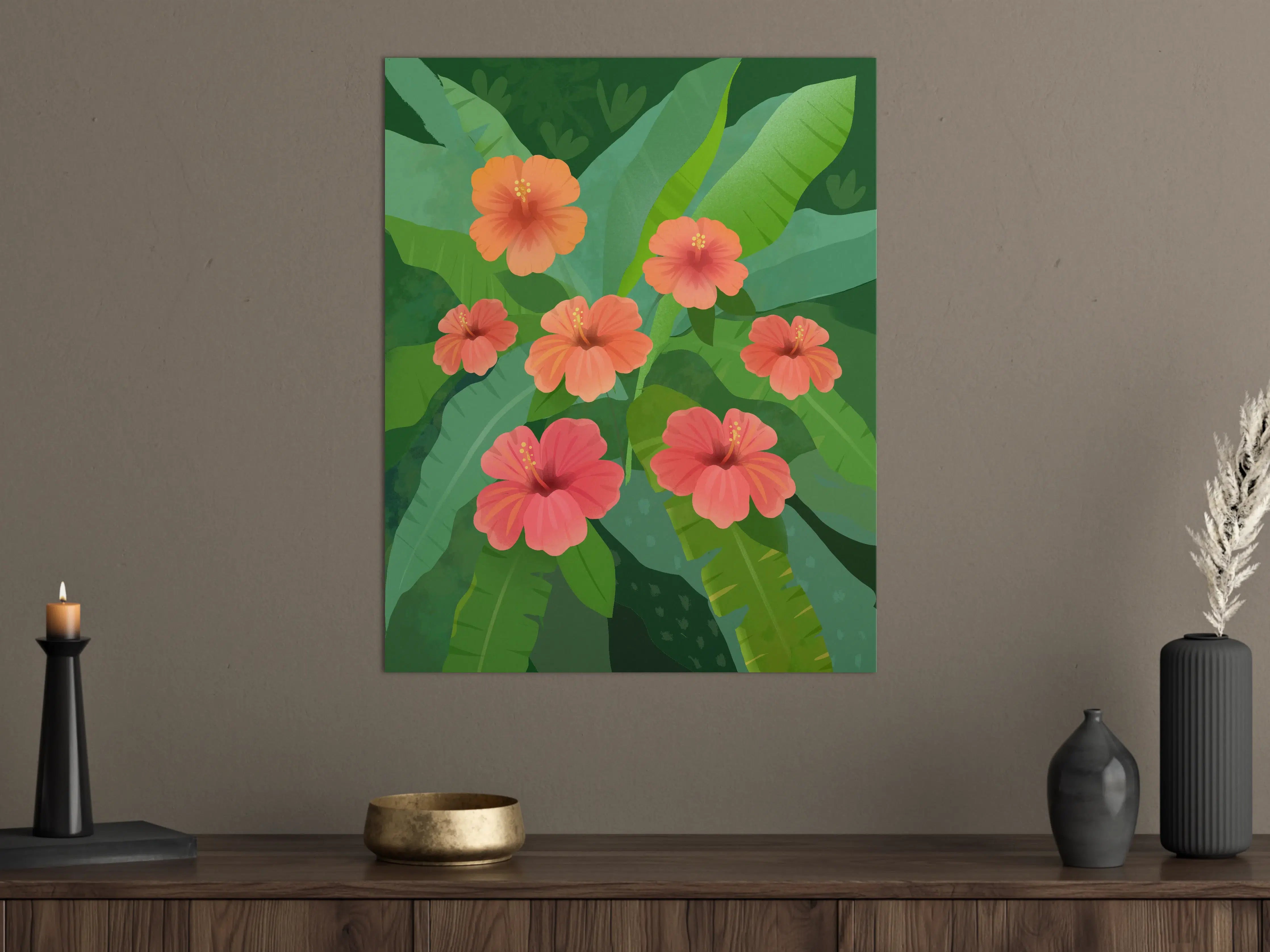Große Wandbilder - Farbige Hibiskusblumen in grünem Dschungel
