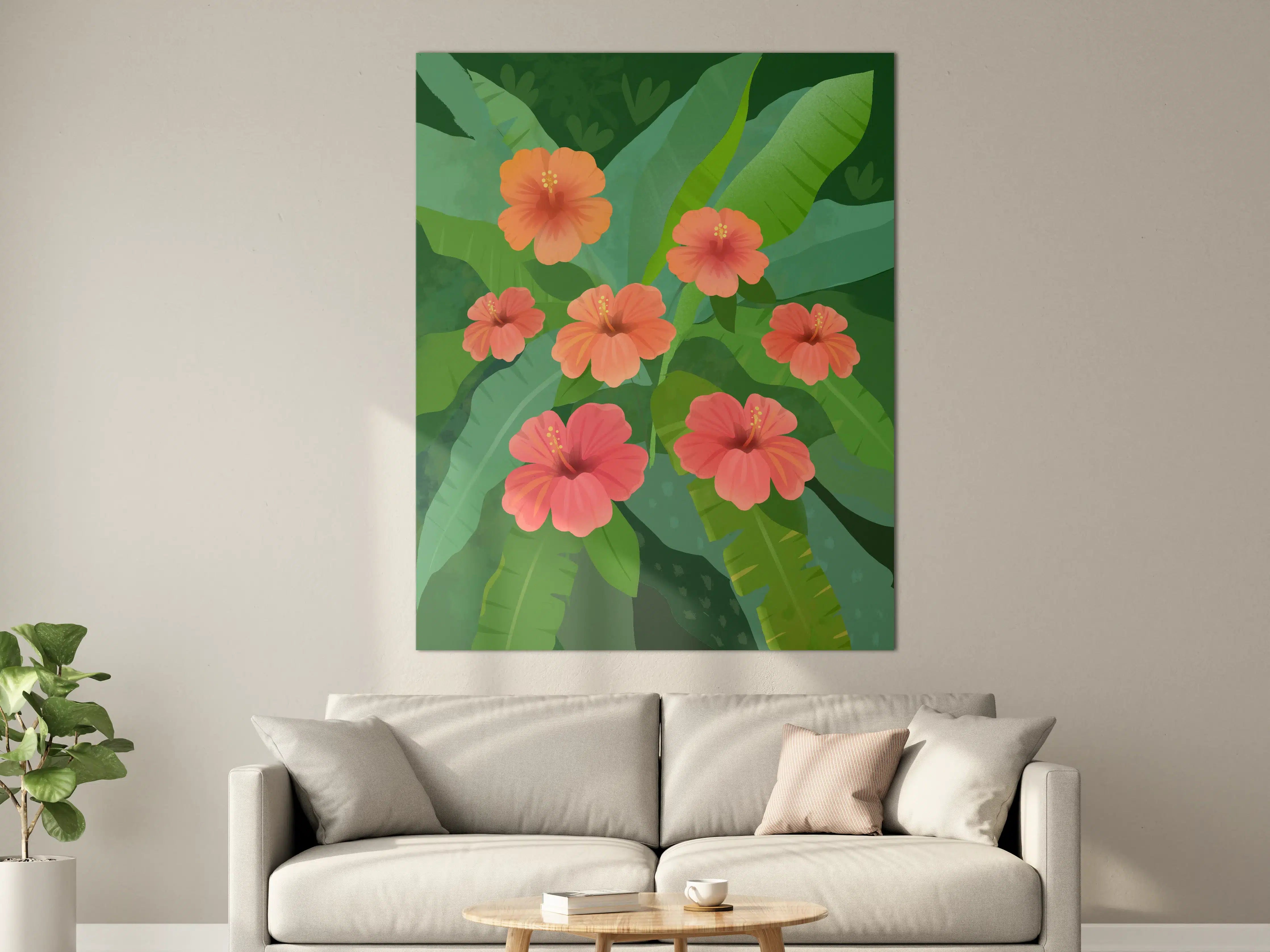 Große Wandbilder - Farbige Hibiskusblumen in grünem Dschungel