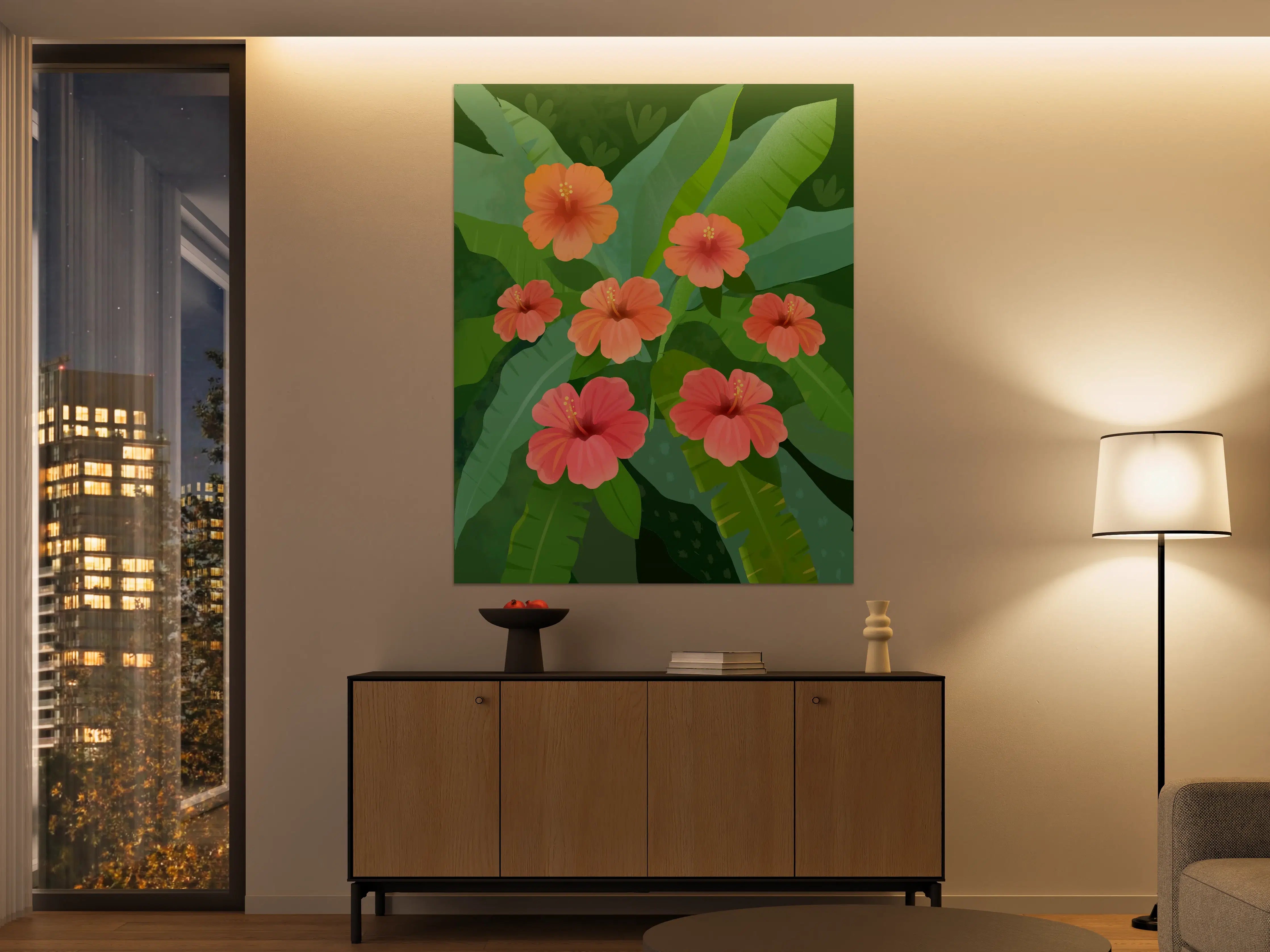 Große Wandbilder - Farbige Hibiskusblumen in grünem Dschungel